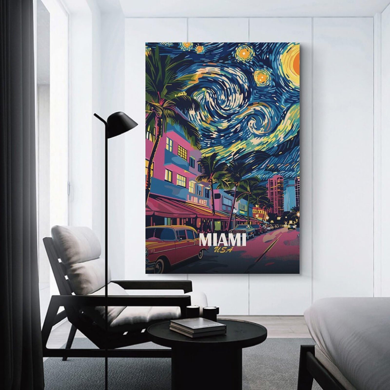 Junmoney Wall Decor Canvas Print Miami USA Starry Night Art, 24x36inch(60x90cm), for Front Hall, Corridor Or Welcome Spaces, A Neat Decor Update for Hallways