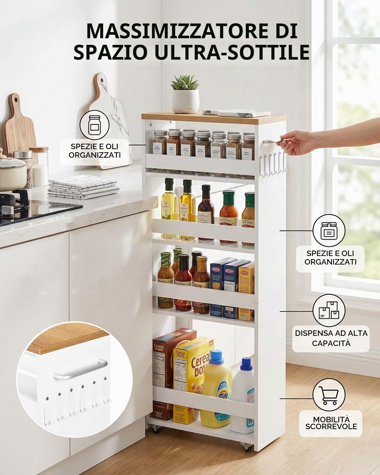 Carrello Portatutto Stretto Bianco da Cucina 5 Ripiani 40×22×108cm | Quattro ruote, due con freno, facilitano lo spostamento; la maniglia laterale e i ganci offrono spazio aggiuntivo.