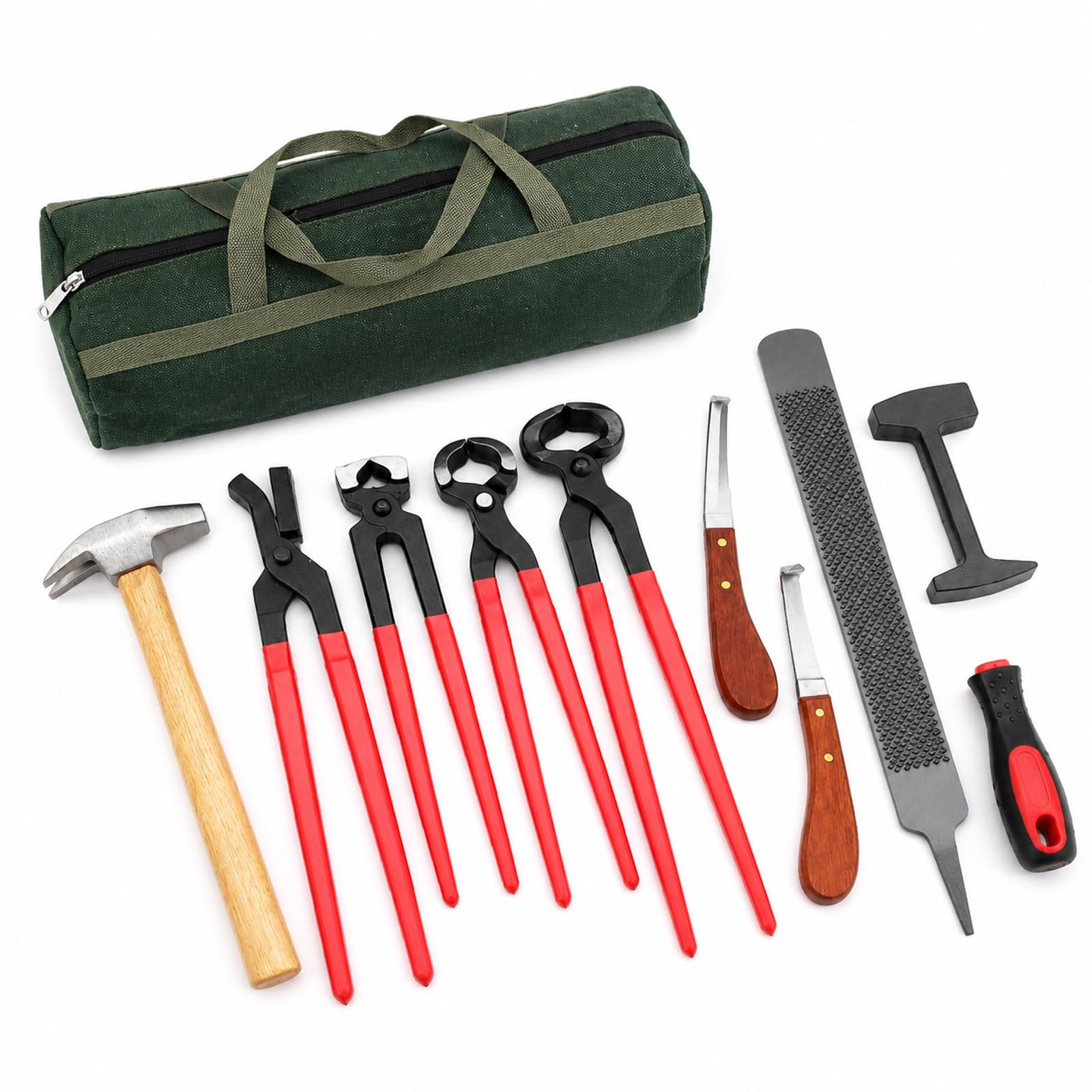 Kit de 9 Piezas de Herramientas de herrador con Bolsa de Mano | Incluye corta-cascos para caballos, alicates cortadores de herraduras, etc., para caballos, ganado vacuno, ovino y burros