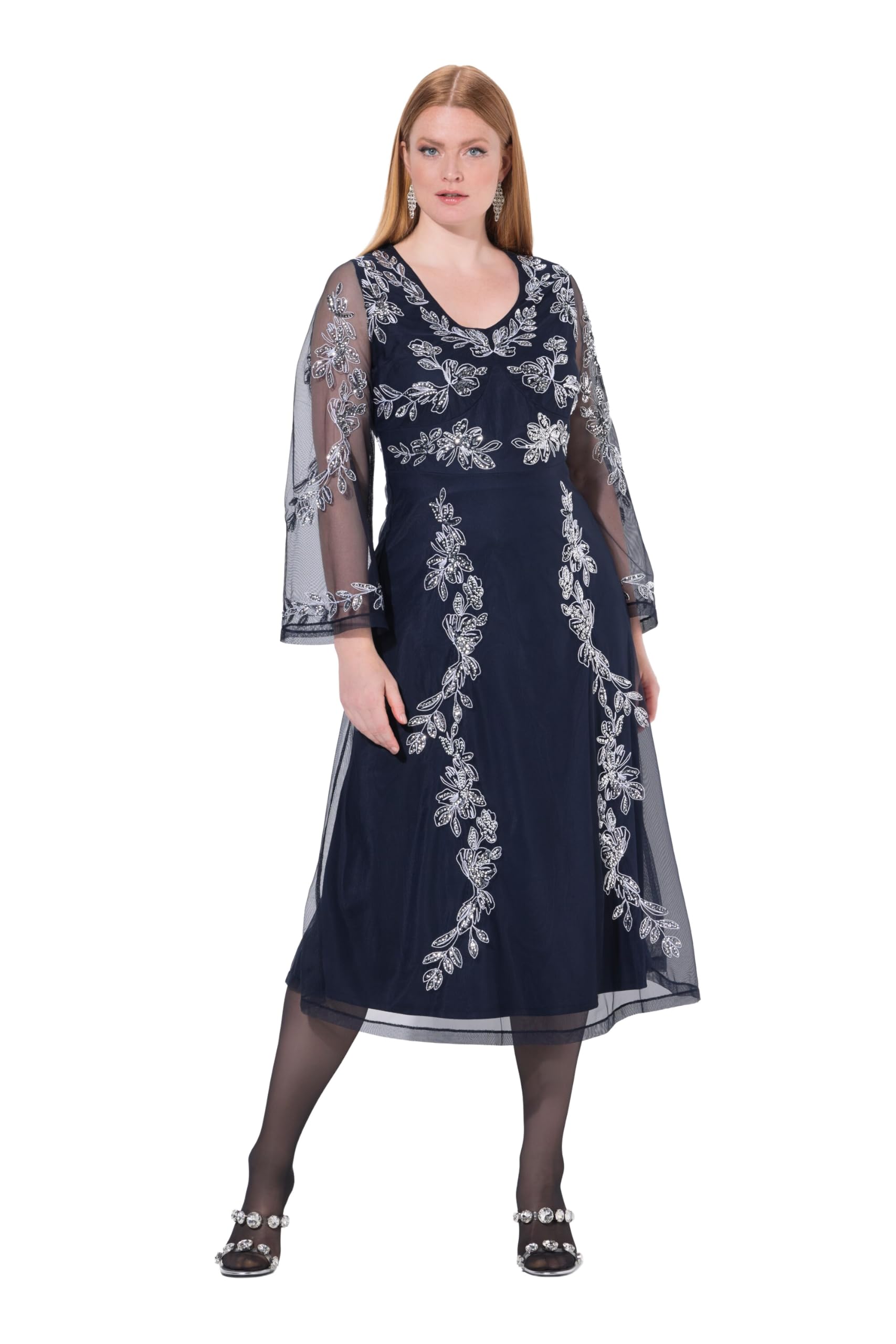Ulla Popken Damen große Größen Übergrößen Plus Size Abendkleid, Stickerei, V-Ausschnitt, Langarm 845366