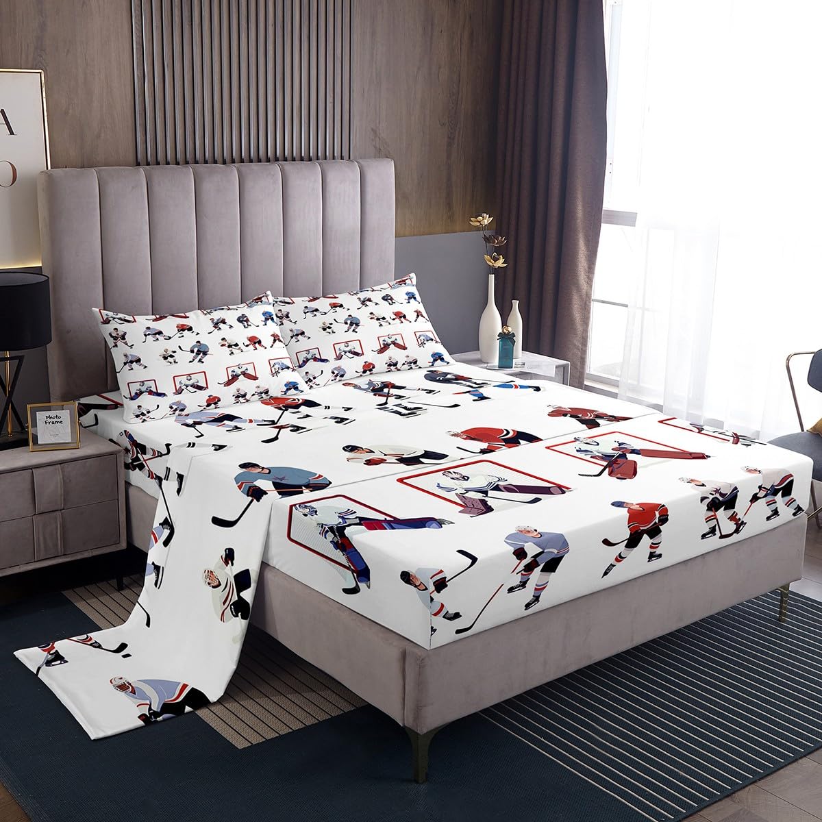 Ice Hockey Sheet Set Queen Kids Sports Event Bedding Set Hockey Player Bed Sheets for Boys Bedroom Decor Soft Winter Sports Hockey Puck Bed Set (Twin