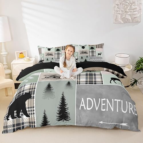 Miniatura 9 de Juego de ropa de cama de cabaña de granja, funda de edredón rústica de oso y ciervo, tamaño Queen, funda de edredón de retazos de bosque para niños,