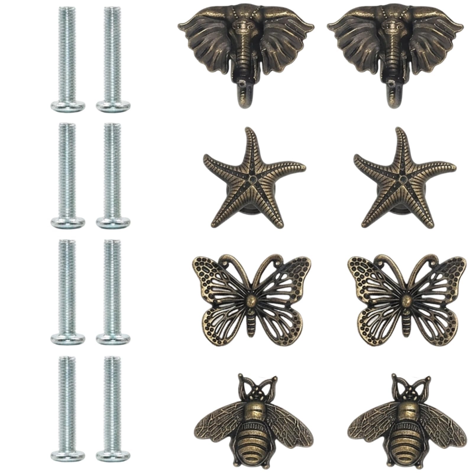 KFSCIP Drawer Knobs, Door Knobs and Cupboard Knobs, 8 Retro Style Handles with Bee Butterfly Elephant Starfish Designs, Silver Finish for Wardrobe and Furniture