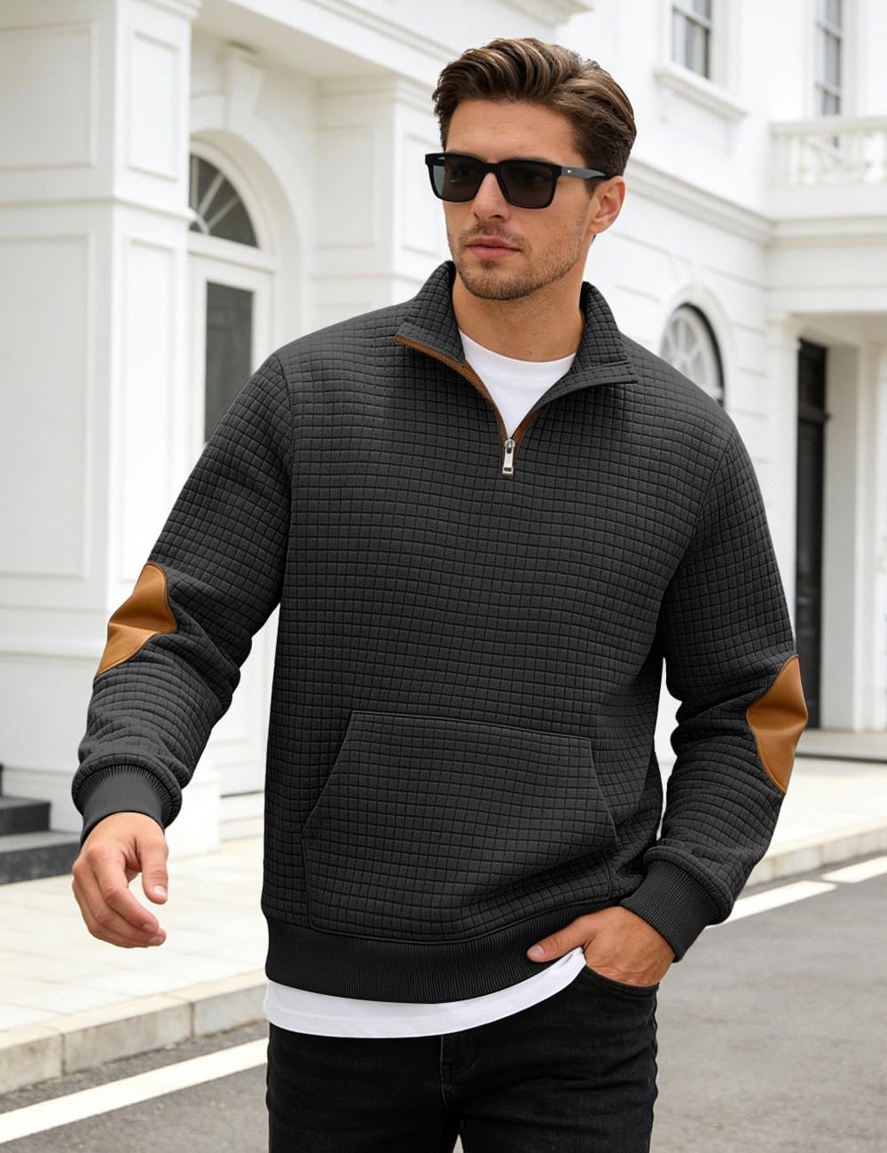 Mens Sweatshirt Casual Stand Collar Quarter Zip Pullover Fall Waffle Sweaters Long Sleeve with Pockets - Image 3