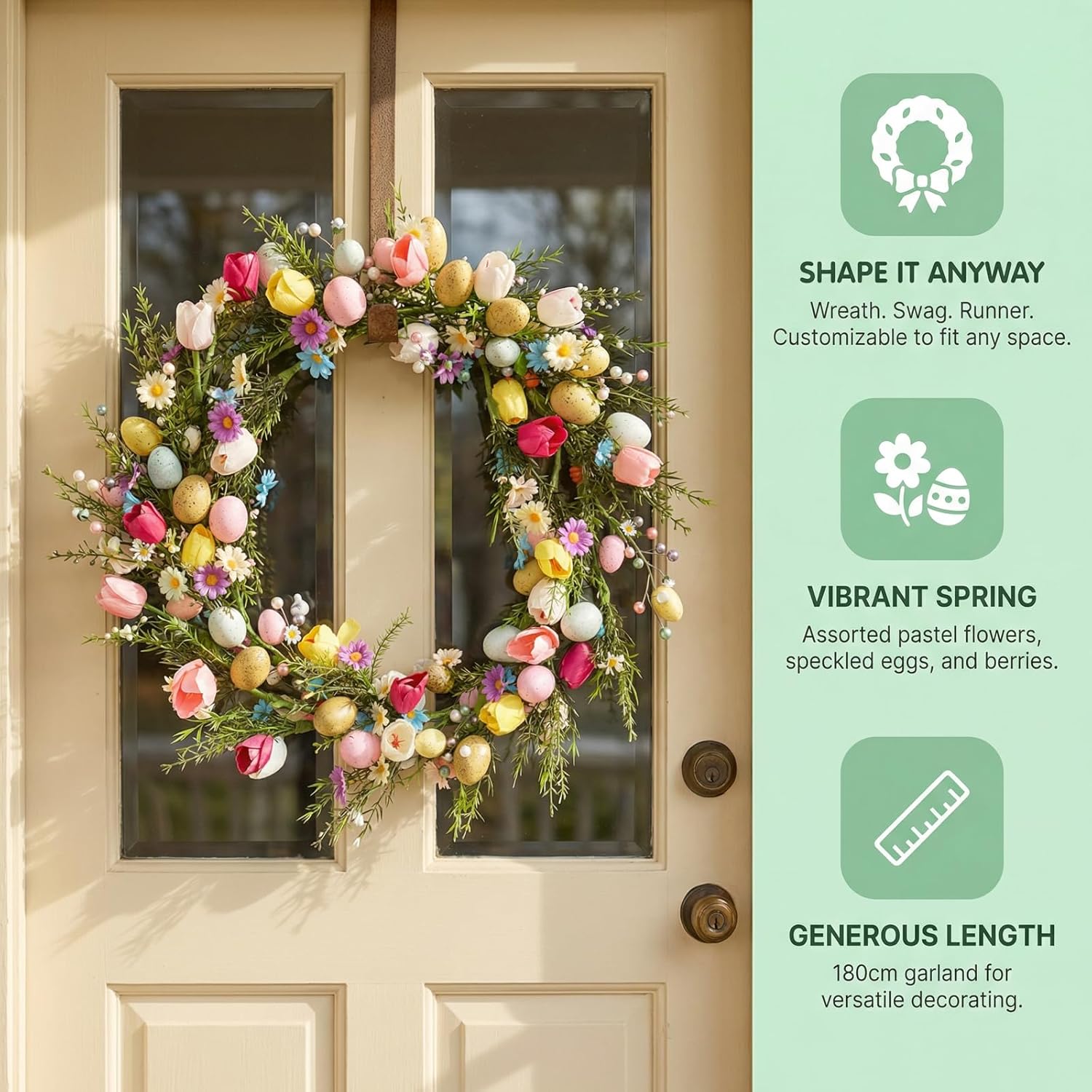 Easter Garland with Eggs, 6FT Spring Garland with Colorful Pastel Tulips, Daisy, Berries & Green Leaves, Artificial Easter & Spring Decorstions for Mantle,Fireplace, Doorway, Table, Home