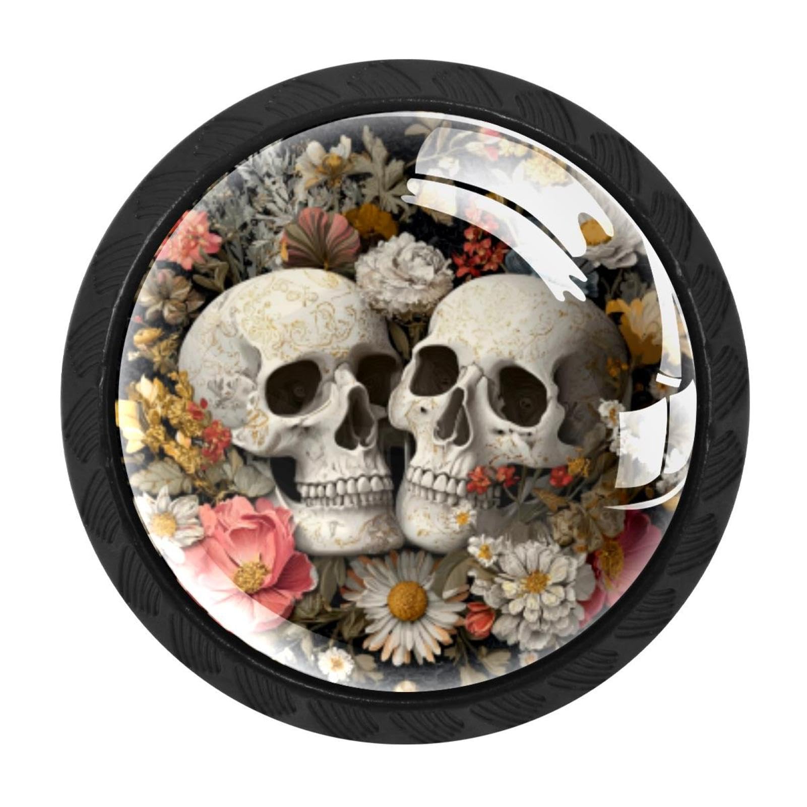 CHENZZZZ 4 Pack Black Skulls Flower (4) Drawer Knobs, Cabinet Knobs Round Glass Knobs for Kitchen Cabinet Hardware Bathroom 35MM