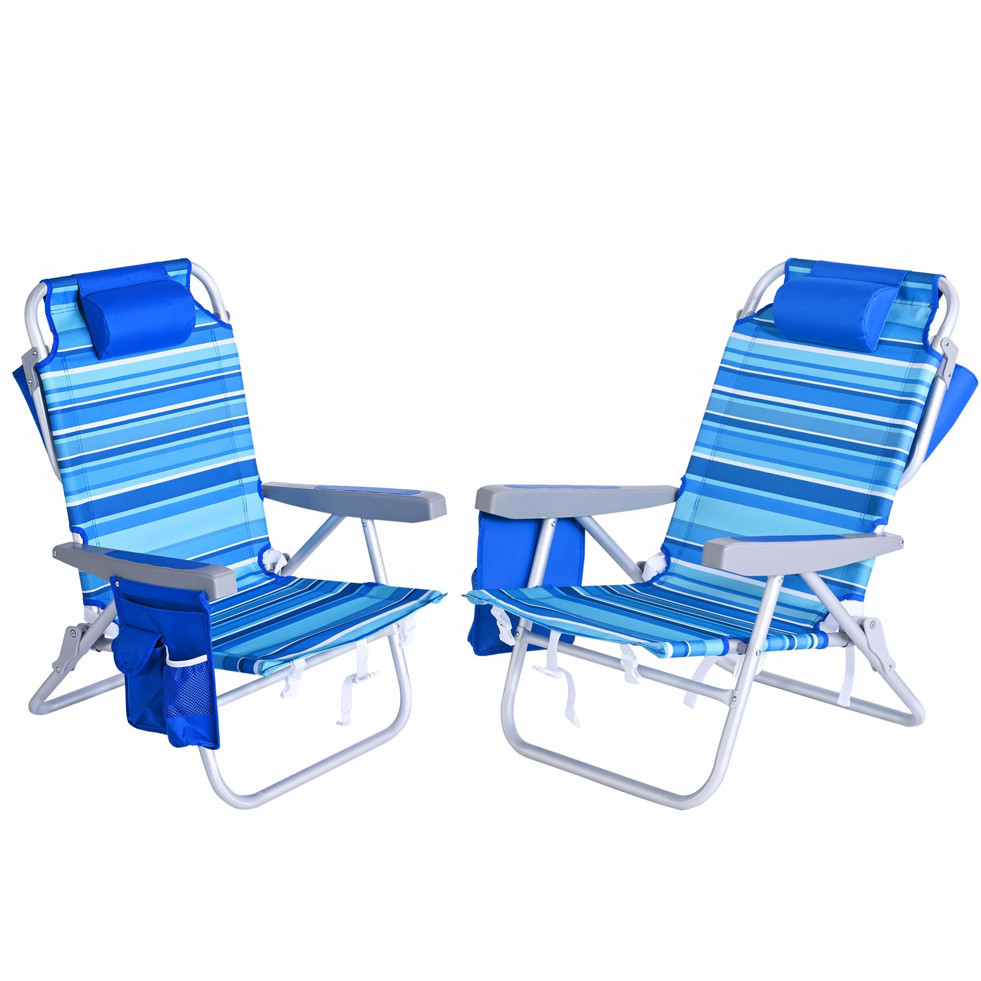 SUNNYFEEL Beach Chairs for Adults 2 Pack 5 Position Lay Flat, Portable Folding Backpack Beach Chair Heavy Duty with Cooler Bag, Cup Holder for Outdoor