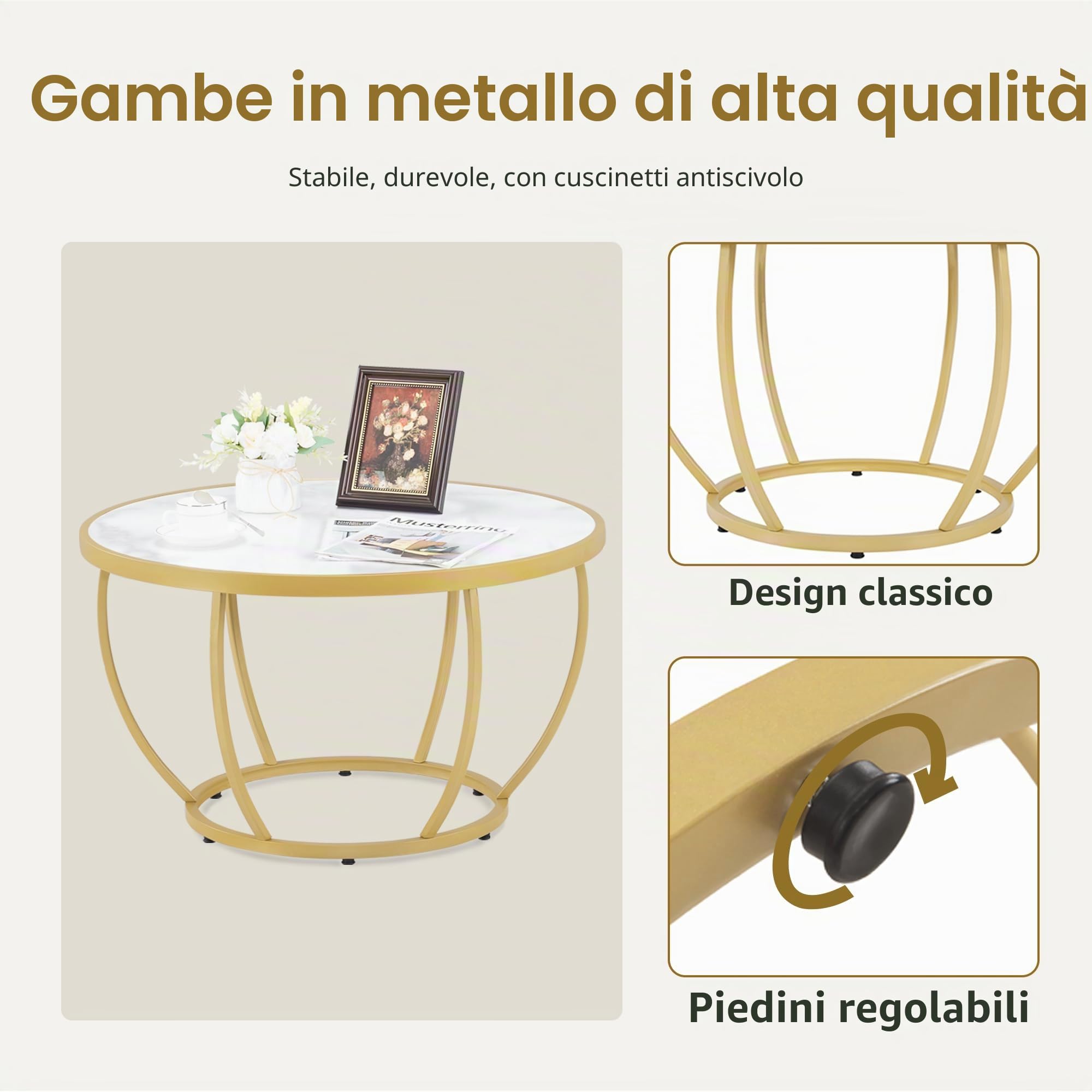 Barberpub Tavolino rotondo in legno, moderno tavolino in metallo, tavolino da caffè per soggiorno, salone di bellezza, tavolo da soggiorno in marmo, bianco, oro, 80 x 80 x 46,5 cm, 2185