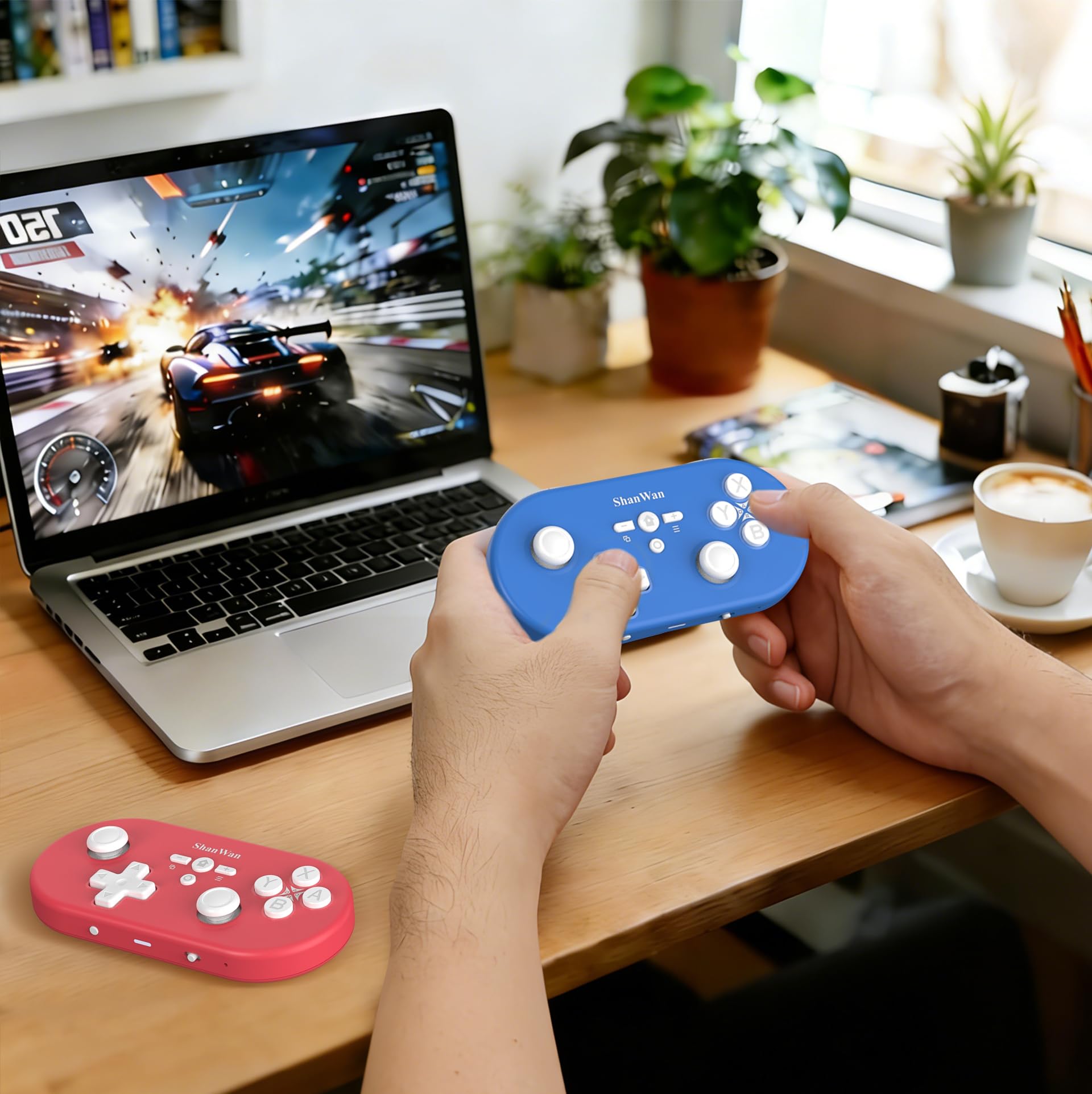 ShanWan Controller di Gioco Wireless Compatibile con PC/iOS/Android/Switch/PS, Controllo del Movimento del Giroscopio, Feedback Vibrazione, Controller di Gioco Bluetooth (blu)