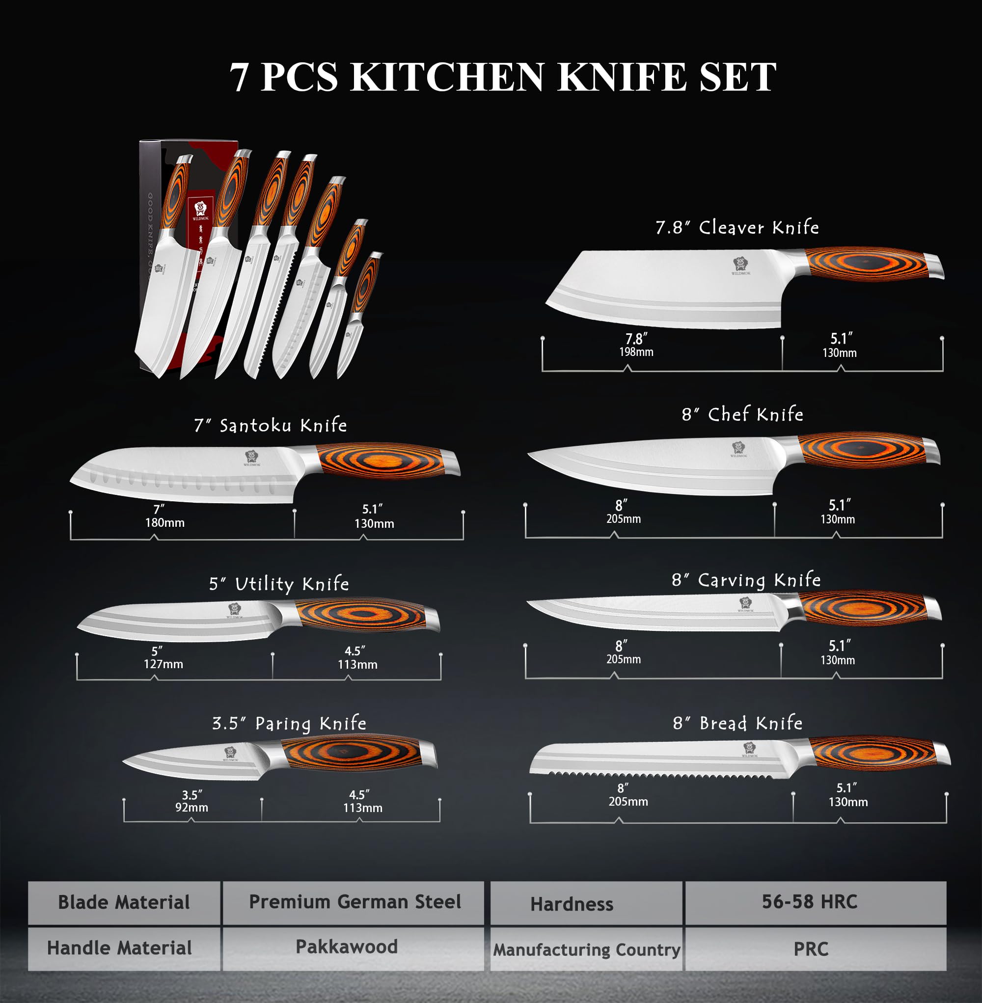 WILDMOK Set di coltelli da cucina 7 pezzi con manico in legno di pakka premium Set di coltelli in acciaio tedesco include set di coltelli da chef mannaia