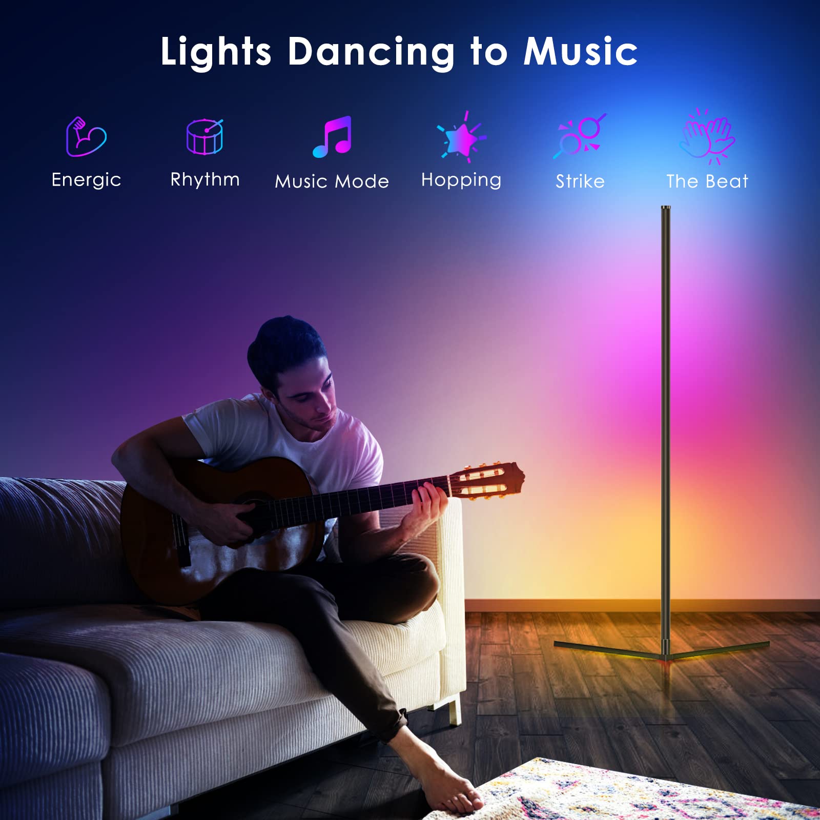 Lámpara de pie de esquina RGB, lámpara de pie de Pascua, lámpara de esquina RGBIC que cambia de color, luces LED modernas con aplicación Bluetooth y sincronización de música con control remoto, 4