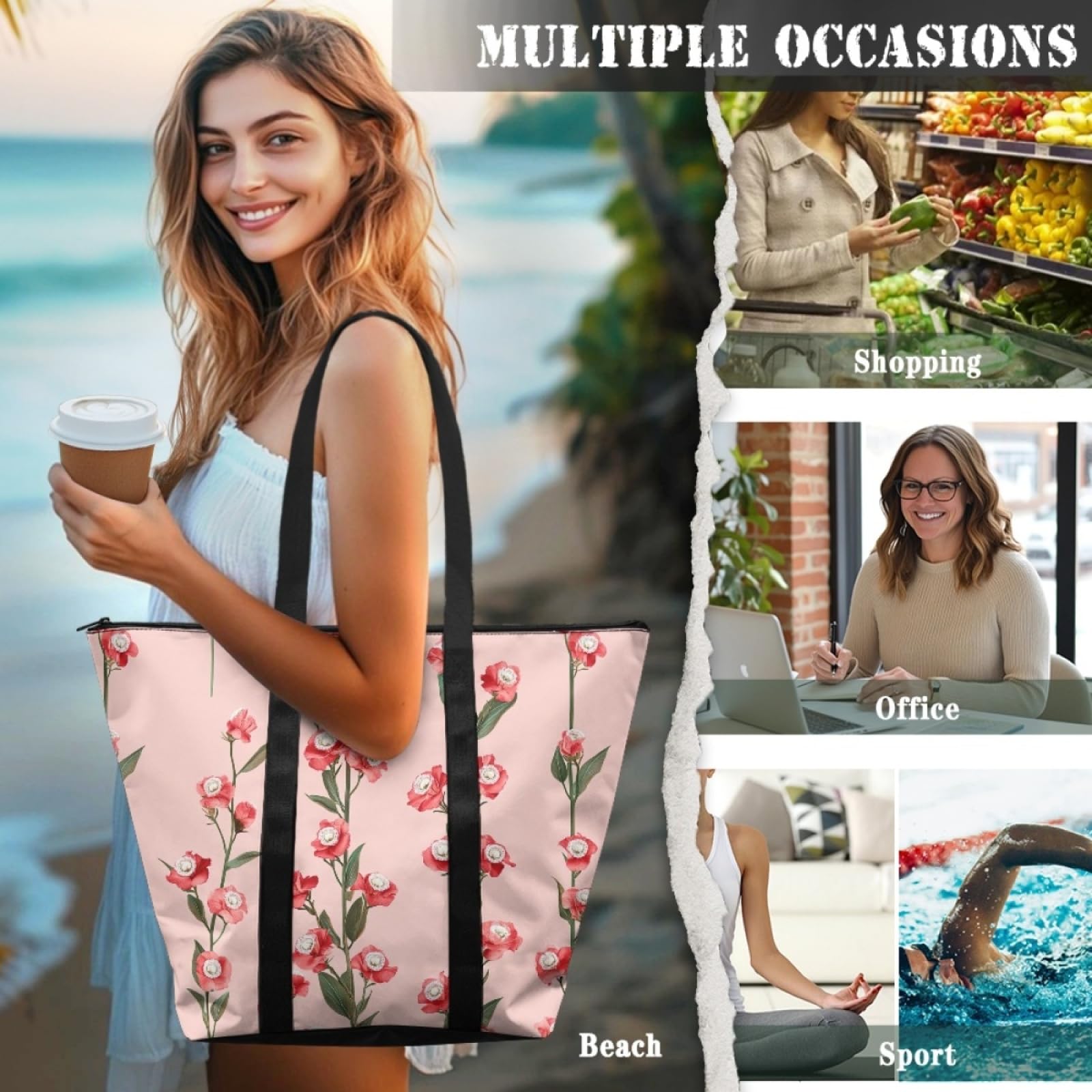 Tote Bag Tela Bolsas de Tela Poliéster Bolso de Mano de Mujer Reutilizable Bolsa Compra Plegable Tote Bag Cremallera Bolso Viaje Duradero Totebag
