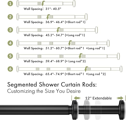 Miniatura 2 de AmazerBath Barra de cortina de ducha con tensión de resorte, 31-75 pulgadas, resistente al óxido, barra de cortina de ducha ajustable, sin taladro,