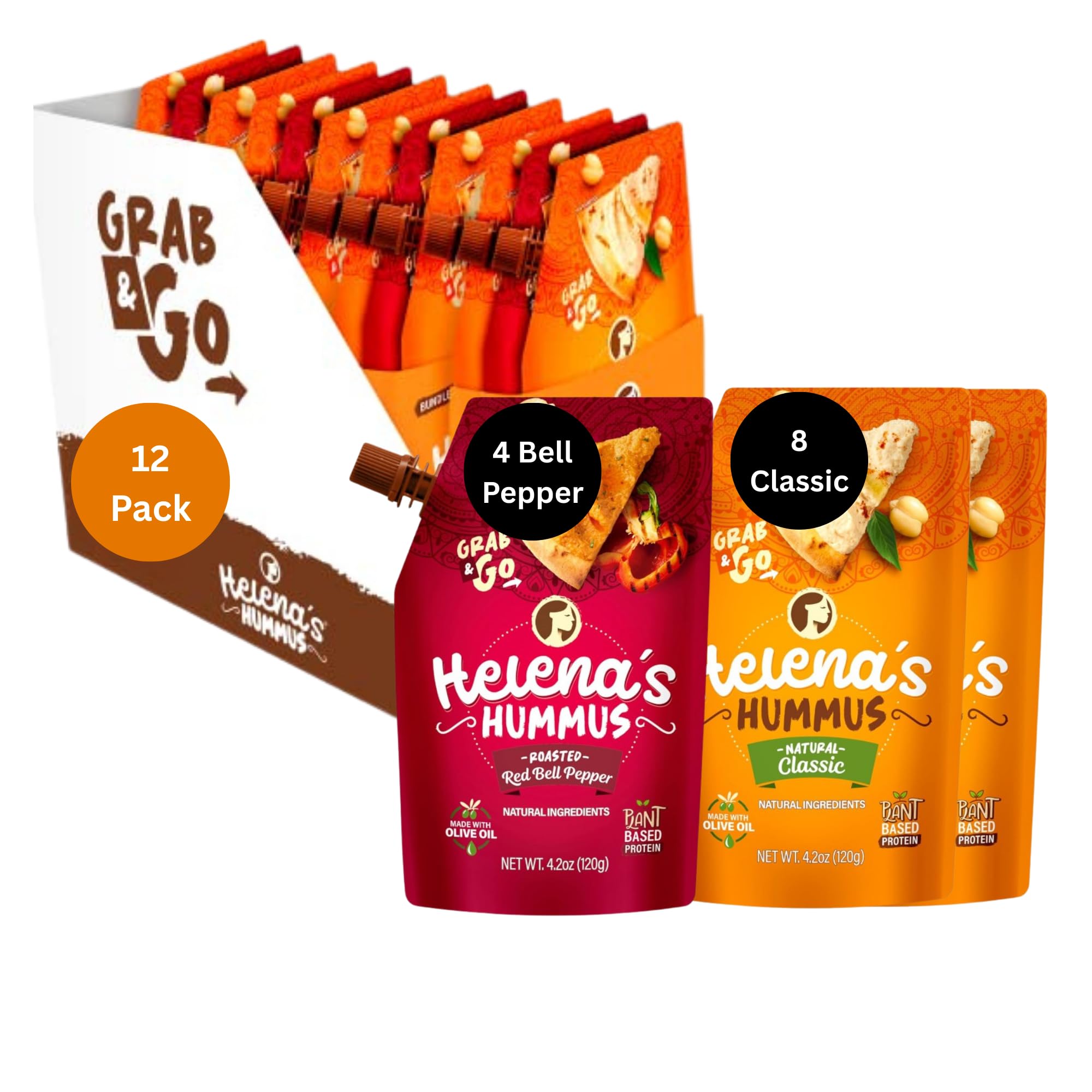 Helena Hummus (12-pack), Shelf-Stable, No Added Preservatives, 8 Natural Classic 4.23 oz and 4 Roasted Bell Pepper Hummus To-Go, 4.23 oz (4 Tripacks)