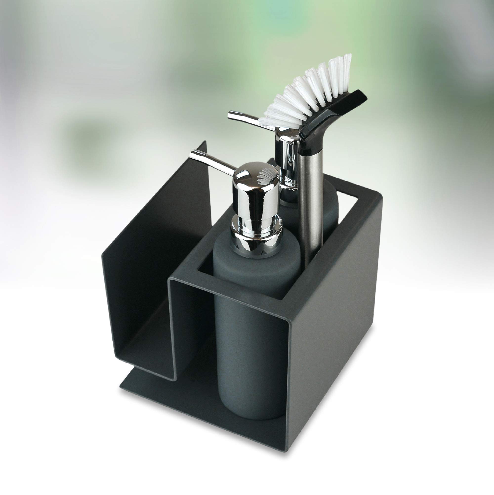 Cube Spülbecken Organizer Set Made in Germany: Prämierter Küchenorganizer inkl. Seifenspender & Spülbürste – Edler & Praktischer Spülorganizer für eine Aufgeräumte Küche – Spülset Anthrazit