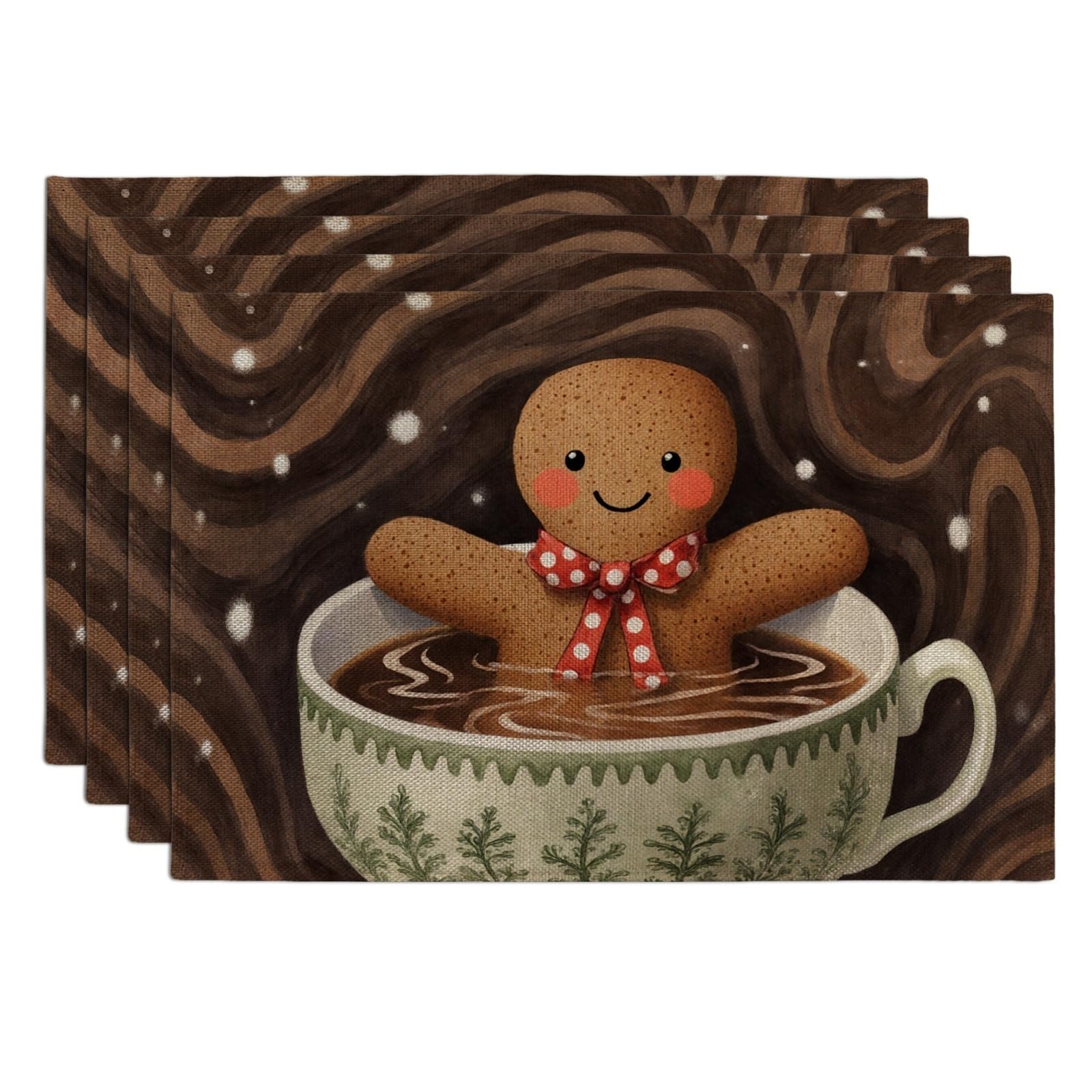 Gingerbread Man Placemats, Cute Fanciful Holiday Place Mats for Dining Table, Winter Festive Non-Slip Washable Indoor Outdoor Kitchen Party Decorative Placemat Set of 4