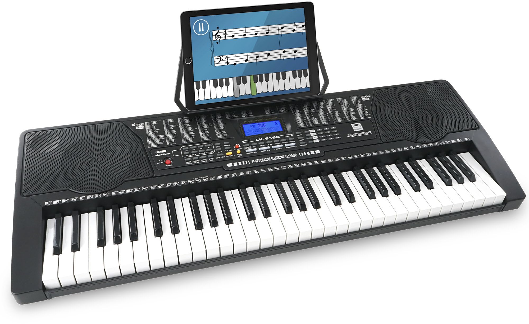 McGrey LK-6150 61 Tasten Keyboard - Einsteiger-Keyboard mit 61 Leuchttasten - 255 Sounds und 255 Rhythmen - 61 Percussion-Sounds - 50 Demo Songs - integrierter MP3-Player - Schwarz