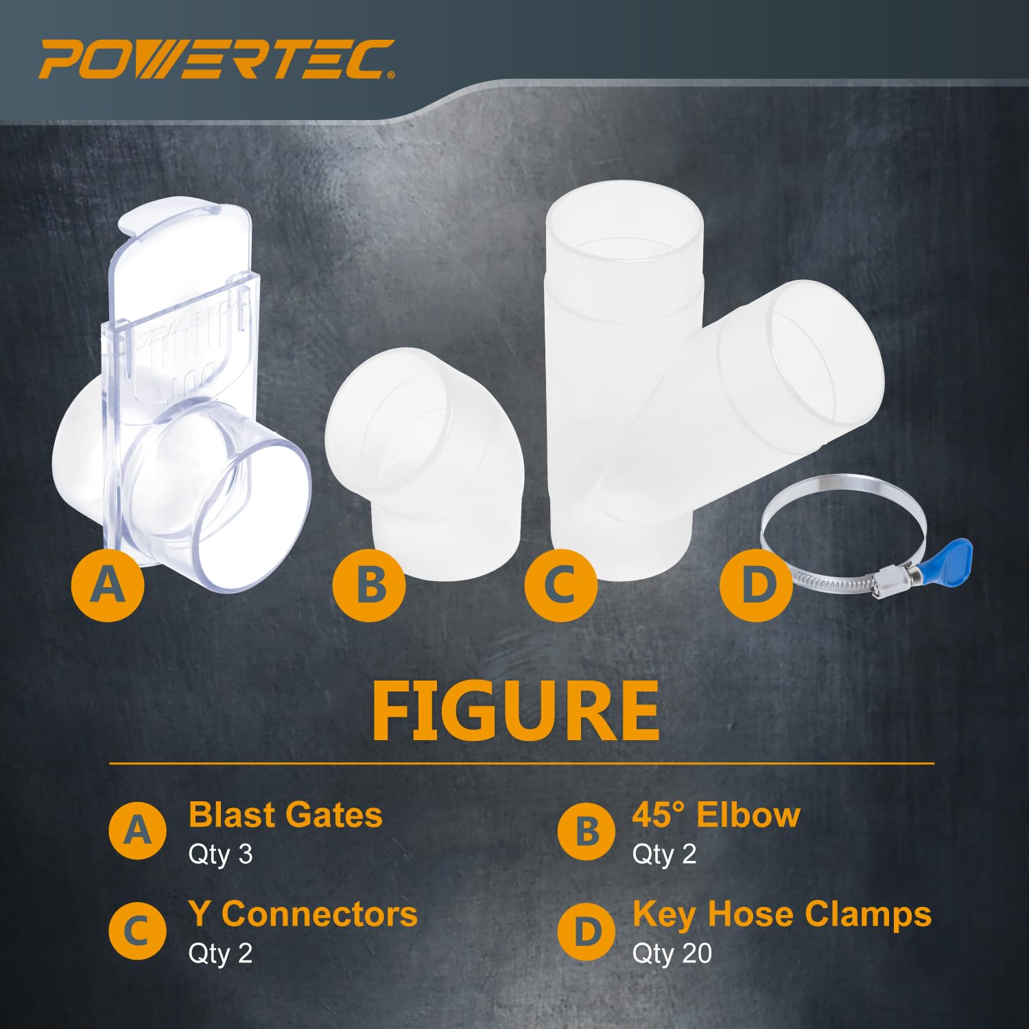 POWERTEC 70374 Staubsammelarmatur-Set mit transparenten Anschlüssen, Strahltoren und Edelstahl-Schlauchschellen für 3-Maschinen-Setup, Staubsammelsystem für Staubsammelschlauch (70374)