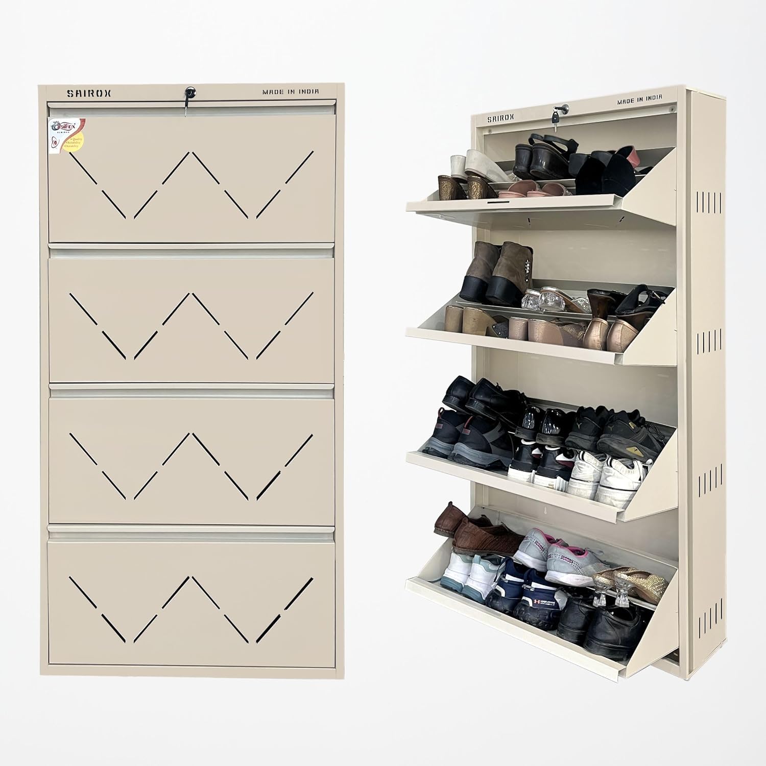 SaiRox Doors Mild Steel Shoe Rack for Home | Waterproof | Wall Mounted 24-28 Pair | Wall Mounted Metal Shoe Rack | 1 Year Warranty | Space-Saving Shoe Storage (Beige, 4 Doors)-image-21