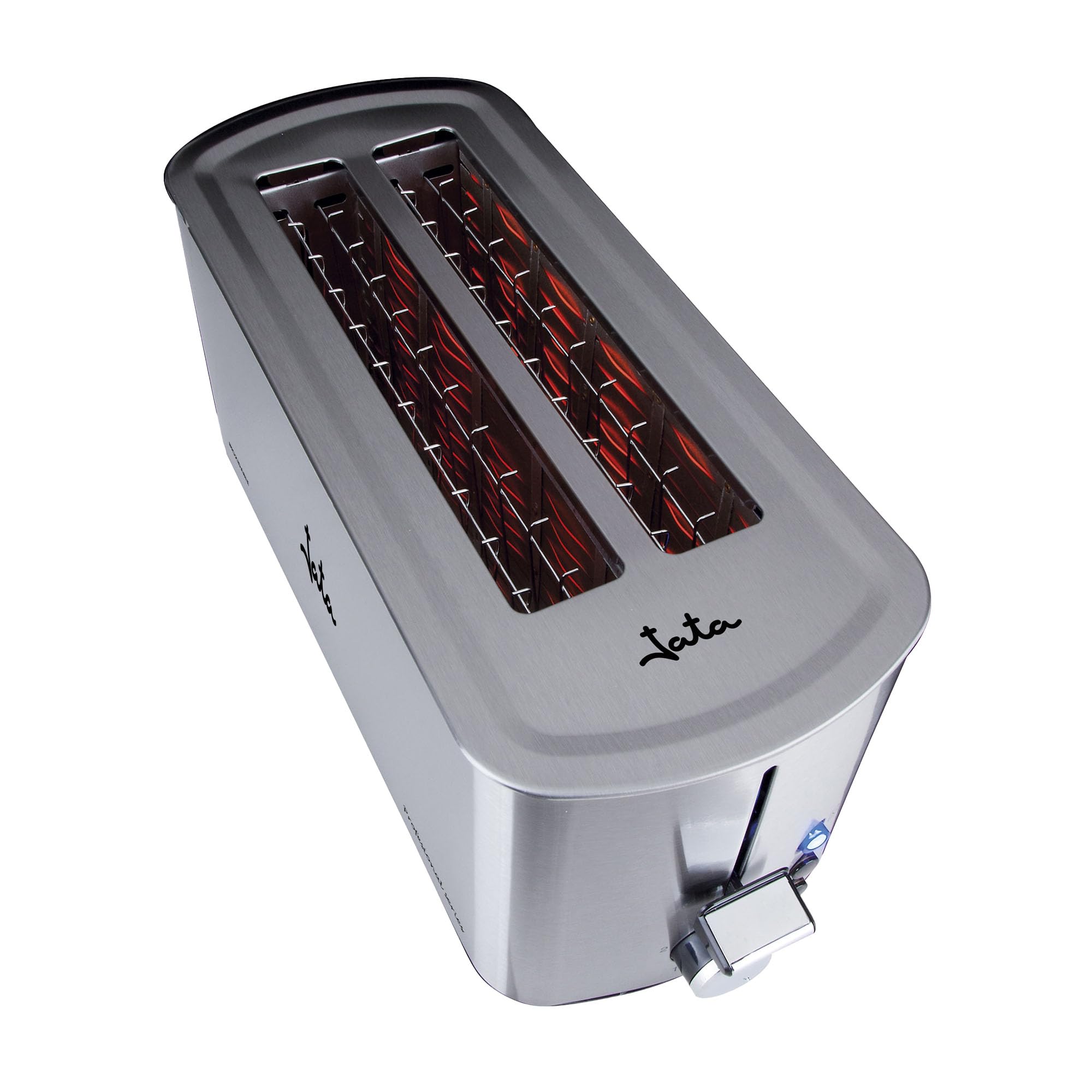 Jata TT1046 - Tostadora Inox de Ranura Larga Doble 1400W, Tostador de Pan con Descongelación y Recalentado, 5 Niveles de Tostado, Acero Inoxidable, Bandeja Recogemigas