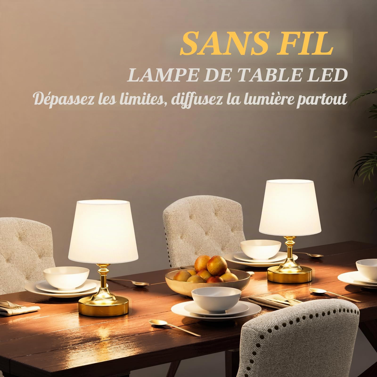 Petite Lampe de Chevet Tactile, LED Lampe de Table Sans Fil Batterie Rechargeable, Variateur Continu, Abat-jour en Lin Blanc, pour Chambre à Coucher Salon Cuisine Décoration(Laiton)