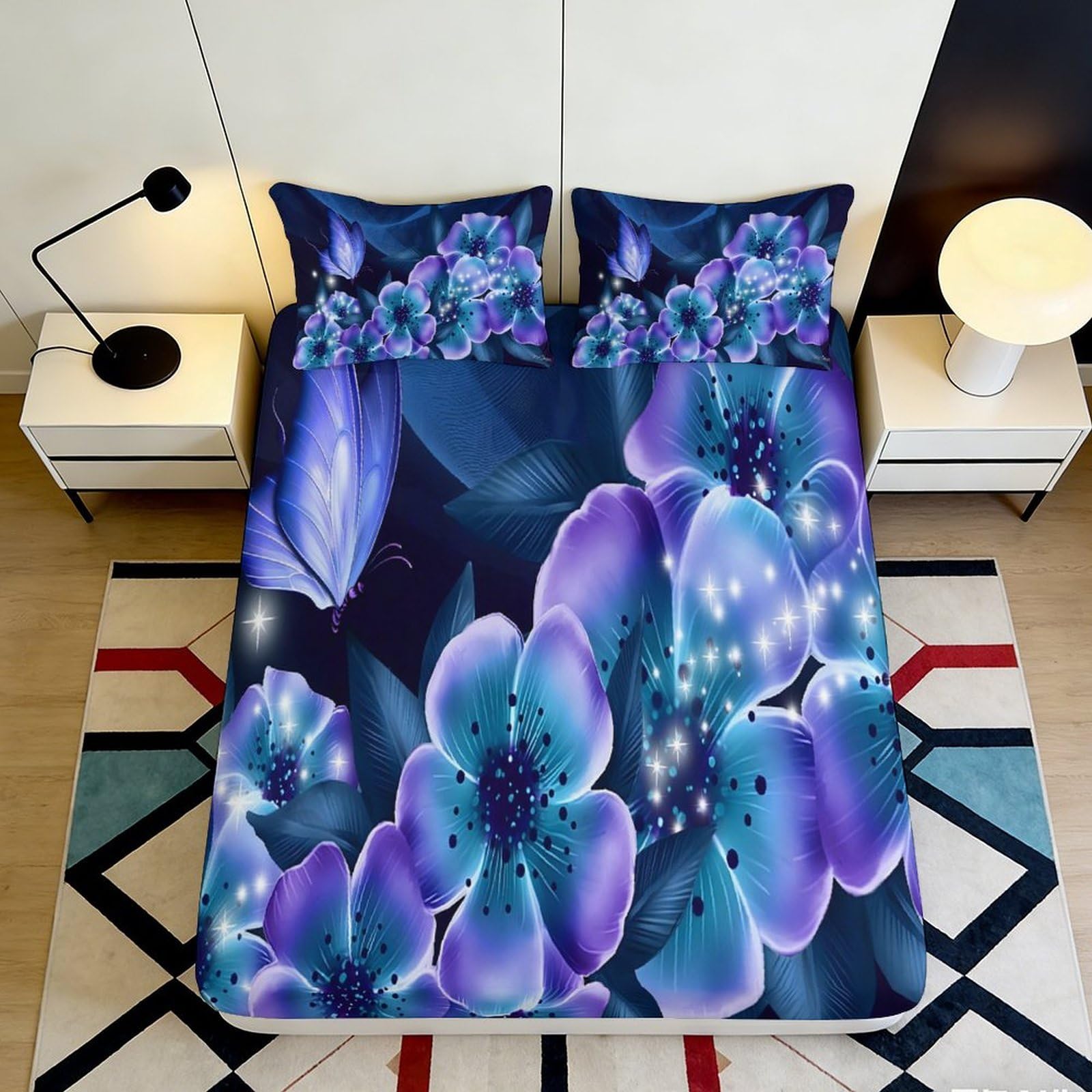 3D Printed Blue Floral Fitted Sheet Microfiber Soft Non-Slip Butterfly Mattress Cover for Bedroom Dorm Easy Care 160x200x25cm