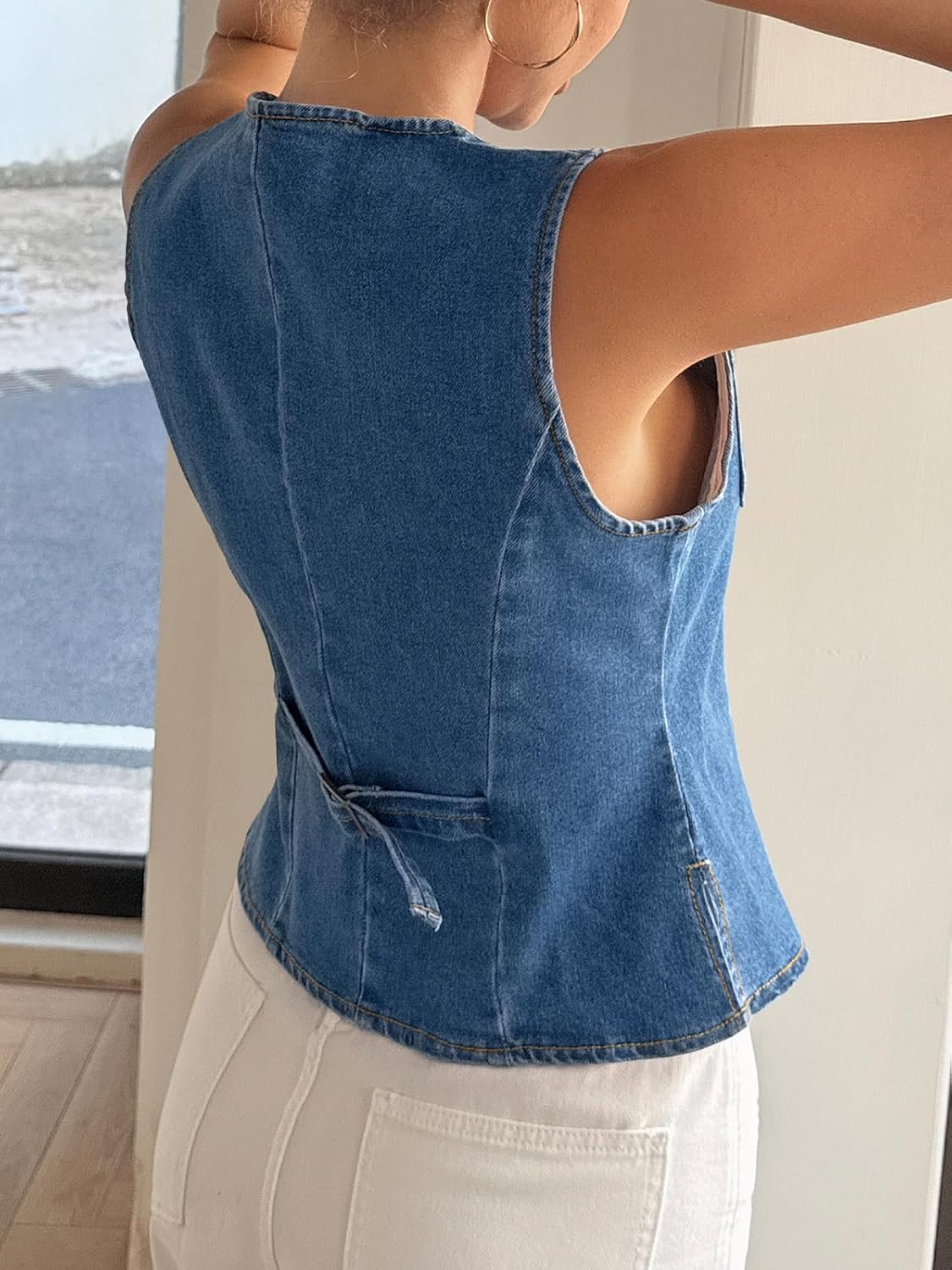 Tankaneo Womens Going Out Denim Vest Tops Trendy Cropped Sleeveless Button Down Fitted Jean Tank Tops Y2K Waistcoat - Image 5