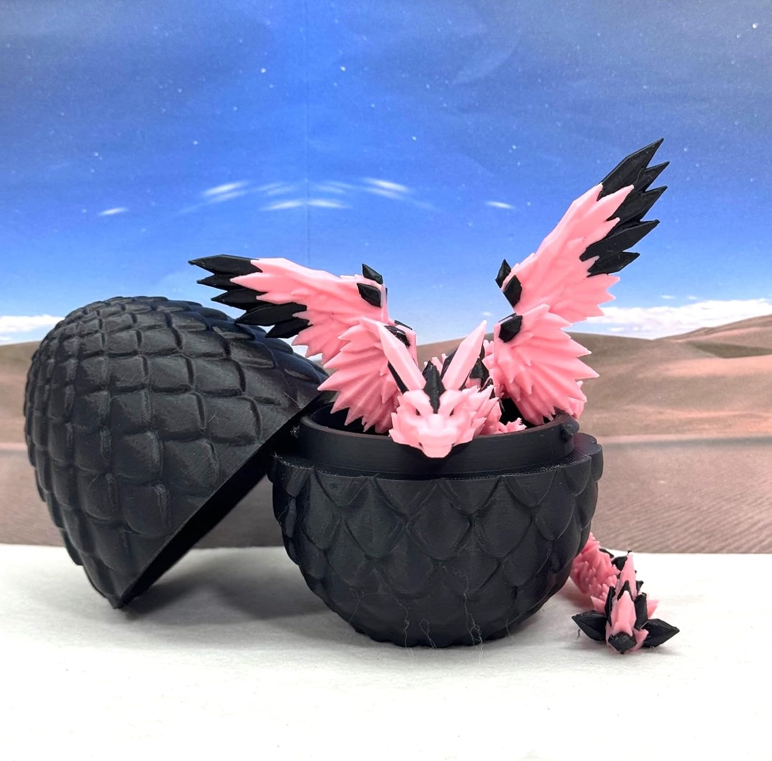 NOHo3D 3D Printed Articulated Crystal Winged Dragon with Dragon Egg, Pink and Black, Fidget ADHD Autism Toy, Sculpture, Multi-Color Material, CW008-BE