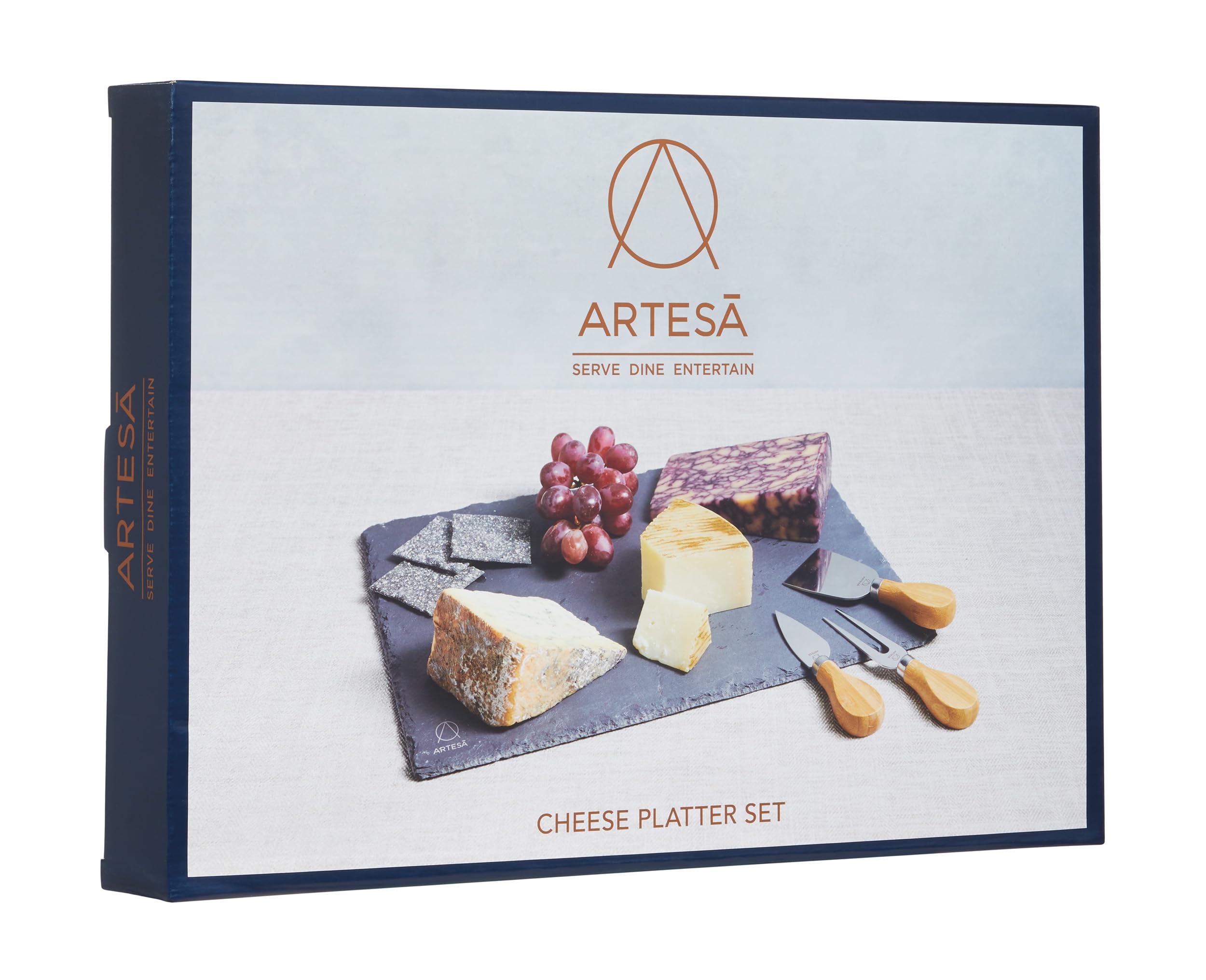 Artesà Zestaw deski do serów i noża do serów z łupka, 4-częściowa łupkowa taca do serwowania wędlin, tapas, deserów i sushi, w pudełku prezentowym