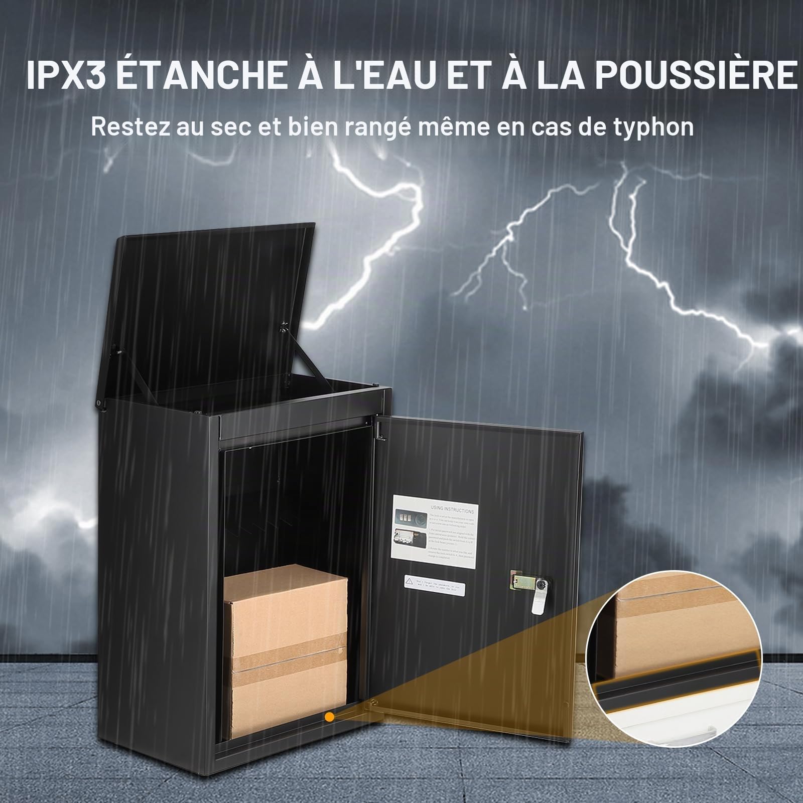 Garvee Boîte à Colis fresquee sécurisée – Acier galvanisé Noir, étanche – Serrure à Combinaison, Ouverture supérieure – Capacité 1,9 pi³ – pour entrée ou Porche – 39x26x53cm, fresque 1 Niveau, Noir
