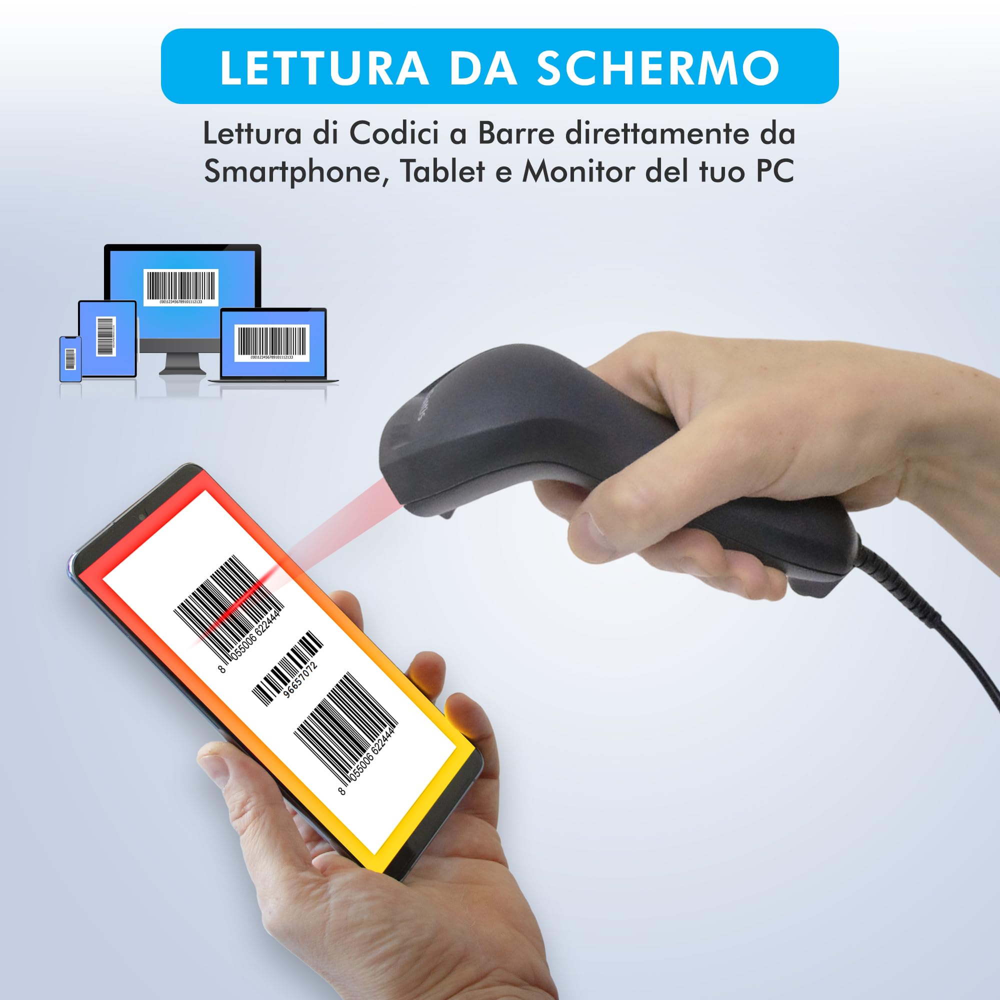 Atlantis A08-LN1100 Lettore Codici a Barre Barcode reader scanner 1D Ottico ad alta risoluzione 2500 pix, 100 scansioni sec, legge da smartphone, codice farmaceutico, collegamento USB, guida rapida.