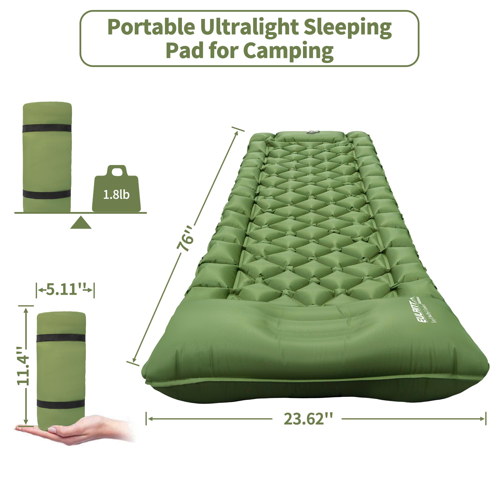 YEEKORO Single Sleeping Pad for Camping, Ultralight Inflatable Sleeping Mat with Pillow and Built-in Foot Pump, Portable Camping Mattress for Tent, Backpacking, Hiking, Traveling (Single,Green)