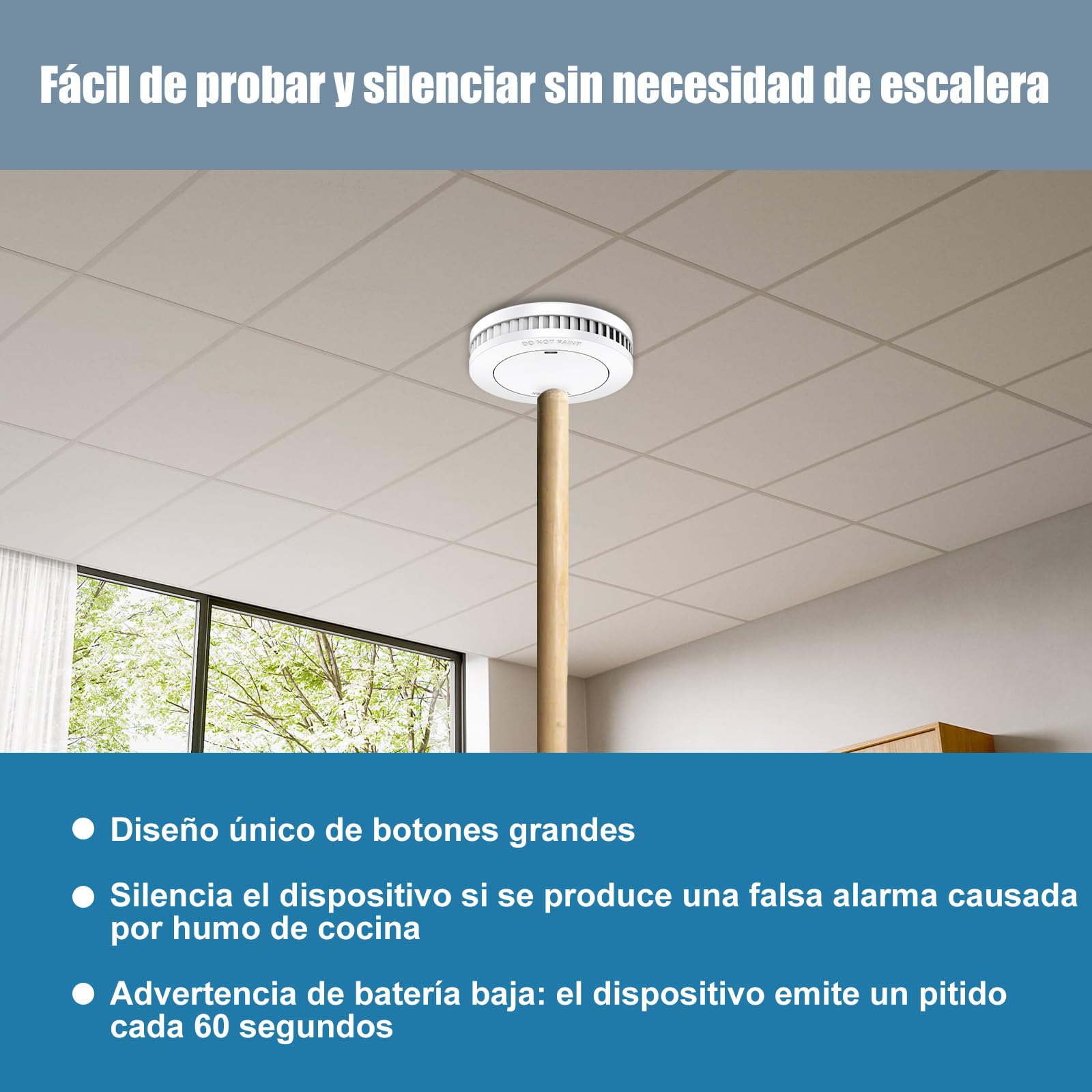 Detector de Humo de 10 años con Soporte magnético, Detector de Incendios sin LED Parpadeante, Alarma Audible de 85 dB, función de Silencio, pequeña Alarma de Incendio Blanco, EN14604