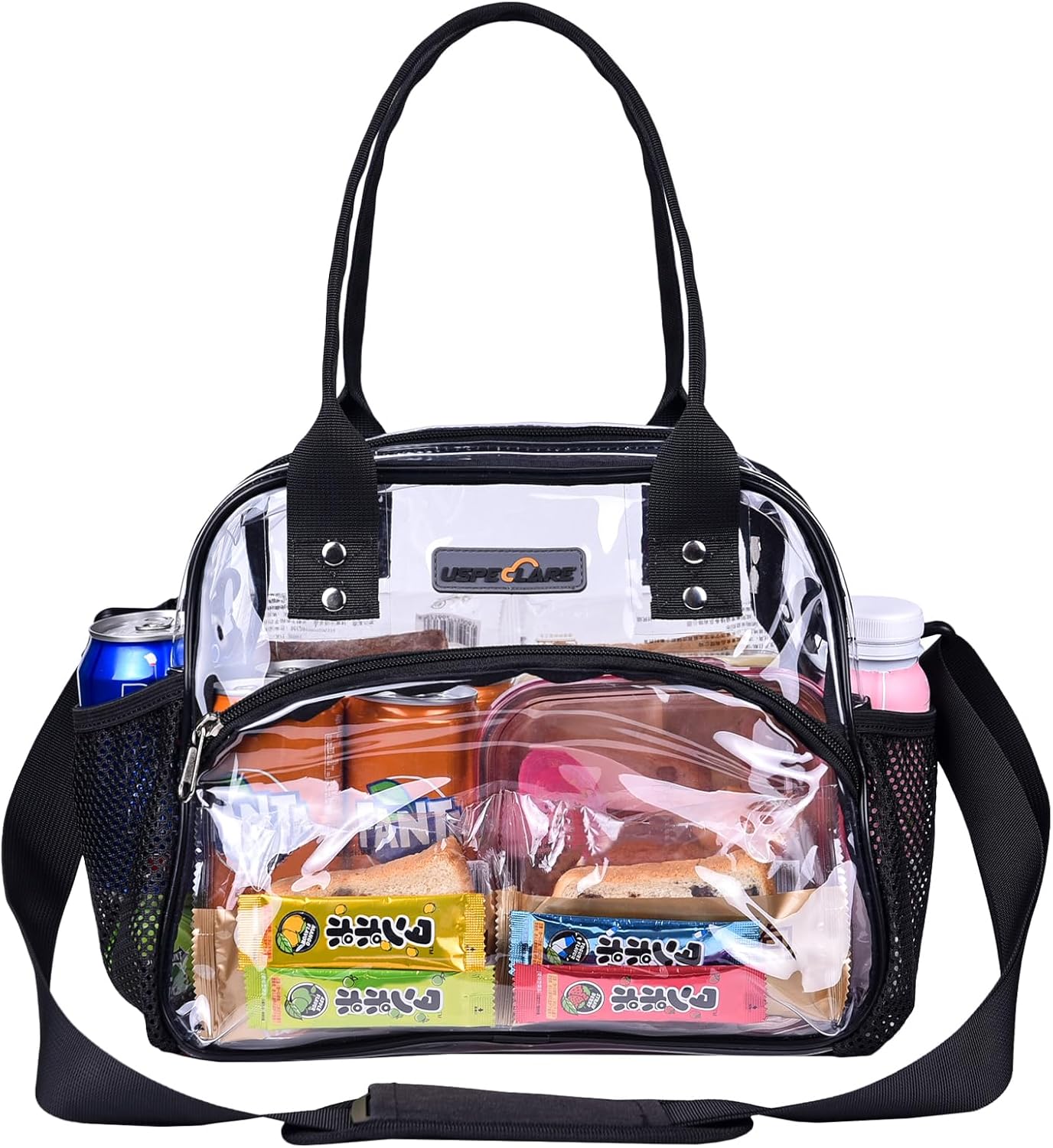 USPECLARE Clear Multi-purpose Tote Bag, Transparent Lunch Bag with Removable Bottom Board, Adjustable Shoulder Strap, Stadium Approved, 12 * 9.8 * 6 Inches, 4.97L, Clear PVC, Hand Wash