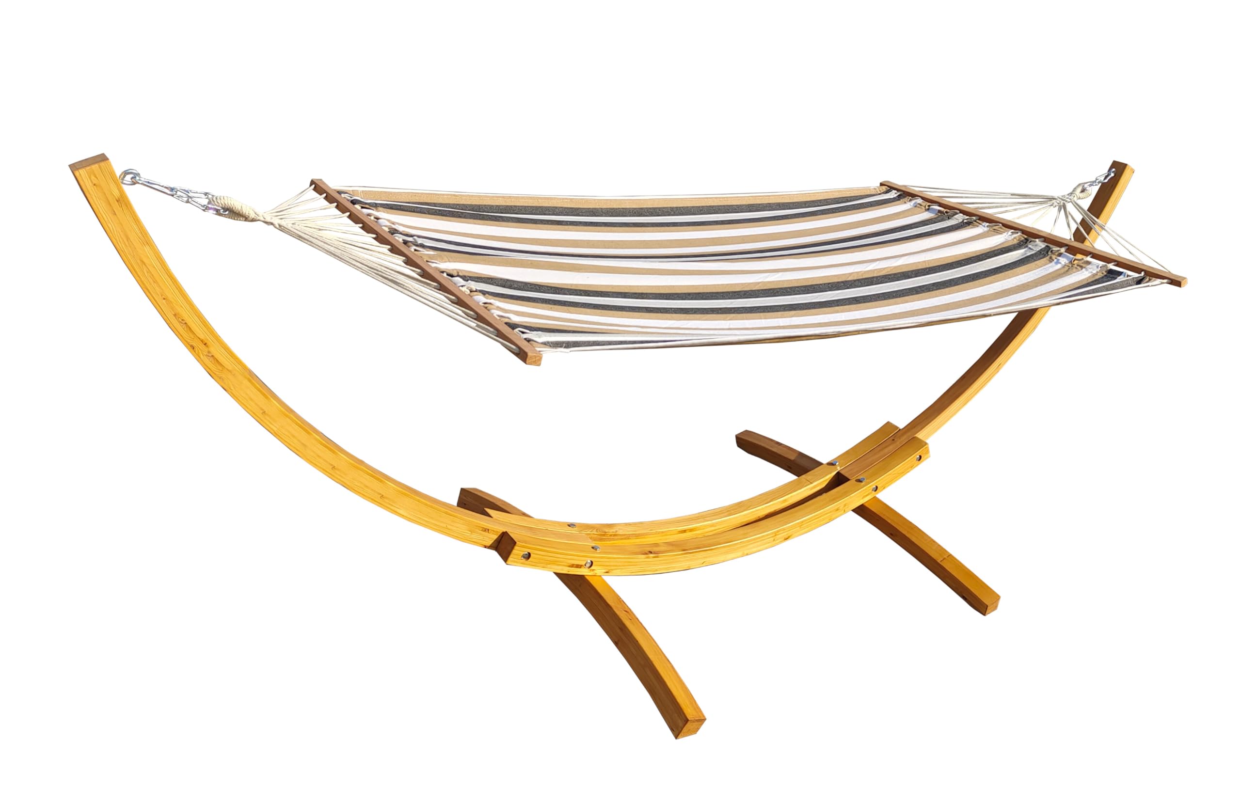 vanvilla Hängematte mit Gestell aus Lärche natufarben Lagarde 320cm x 120cm, Hängematte braun/Creme gestreift, Edelstahlteile, Hängemattengestell Holz
