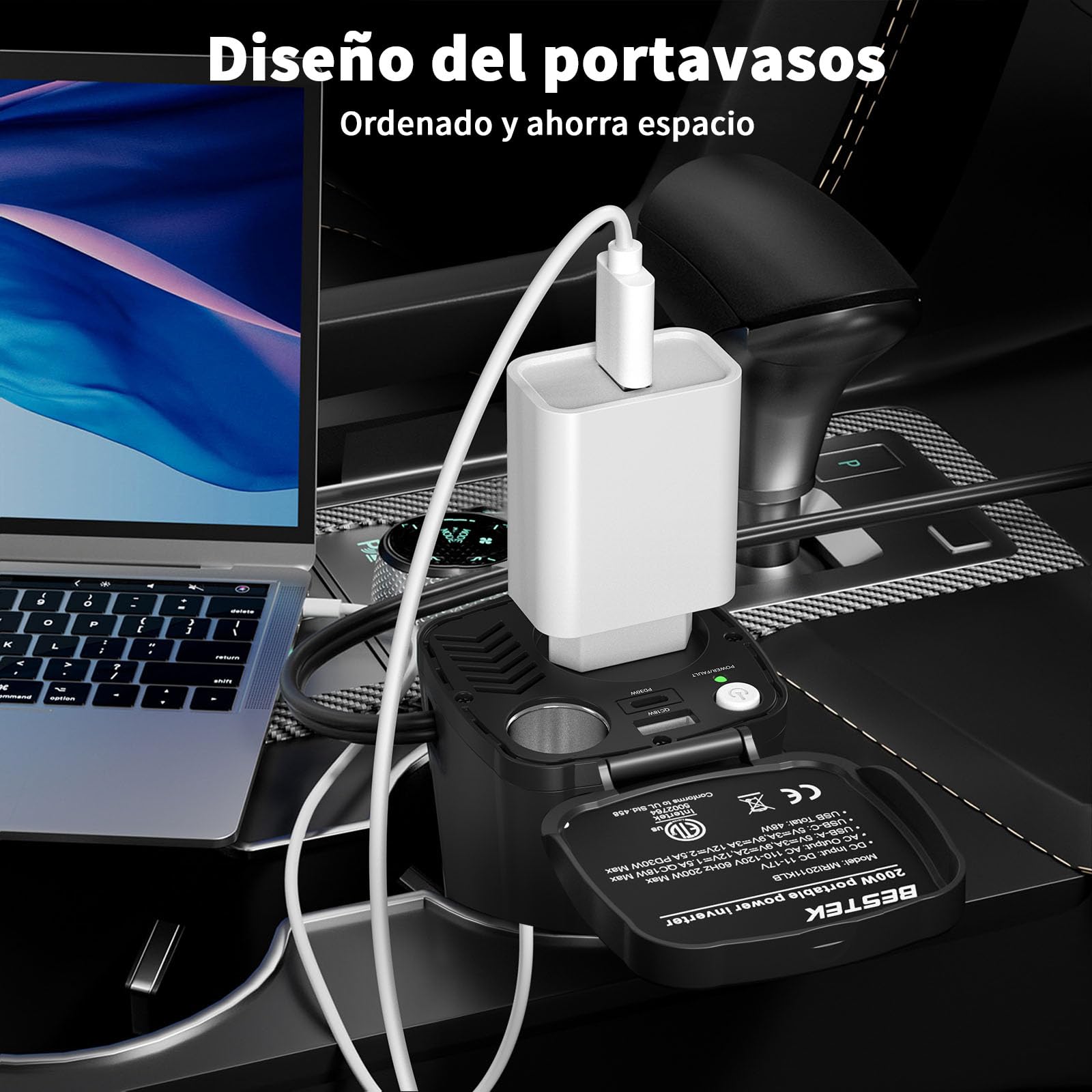 BESTEK Inversor de corriente para coche de 200 W: inversor de voltaje en forma de taza de 12 V CC a 230 V CA, con 2 puertos USB y adaptador de encendedor de cigarrillos para coche/viaje, compacto y
