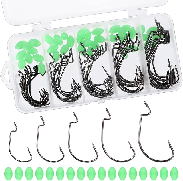 50Pcs Barbed Fishing Hooks Set Offset Fishing Hooks Set High Carbon Steel Eyed Sea Fish Hooks Carp Circle Hooks with 50Pcs Green Fishing Beads for Freshwater Saltwater Fish Trackle(5 Sizes)