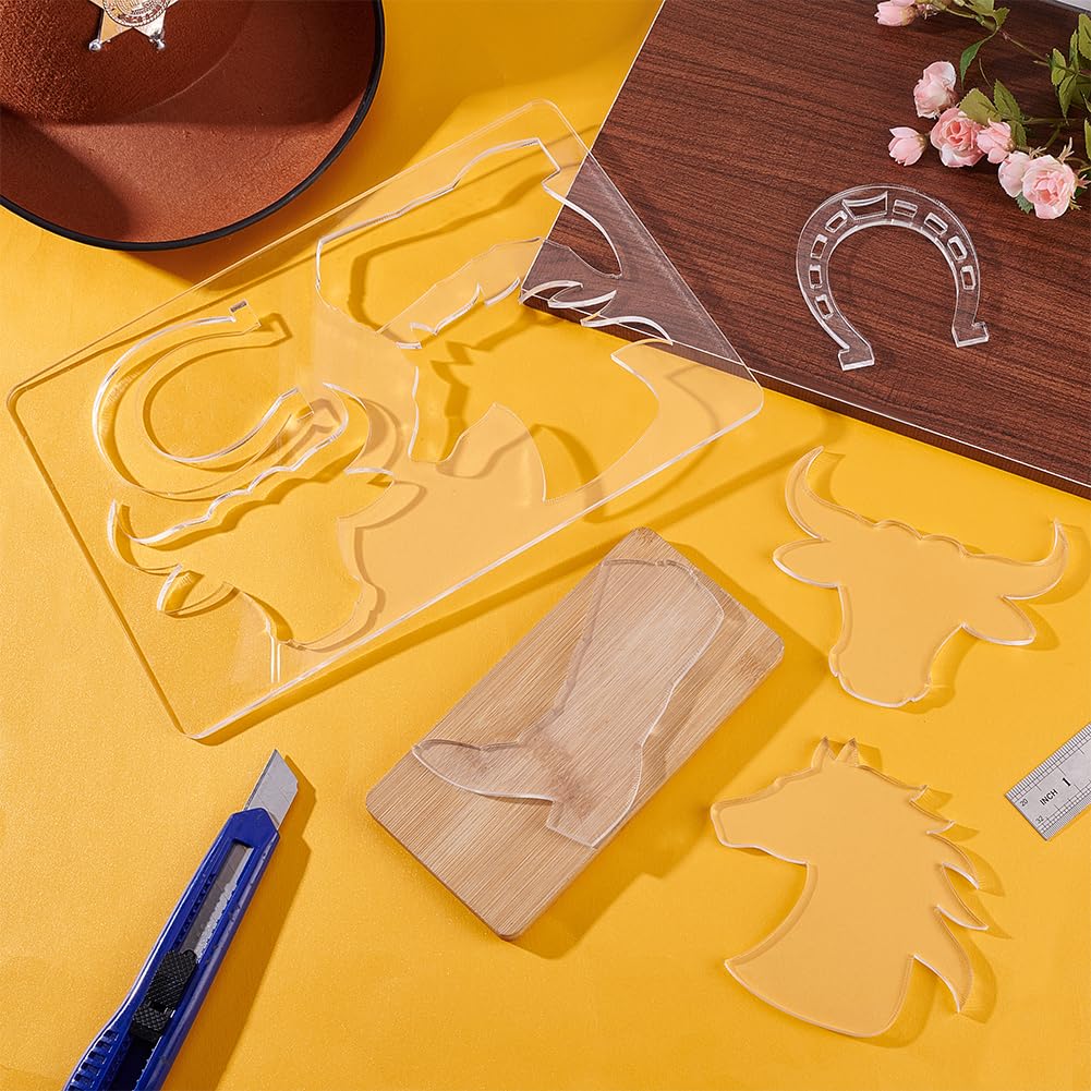 PH PandaHall Router Template for Woodworking Western Cowboy Series Boots Horseshoe Bull Horse Head Template Clear Acrylic Inlay Templates Router Stencils for Wooden Projects Handmade Crafts Making - Image 4