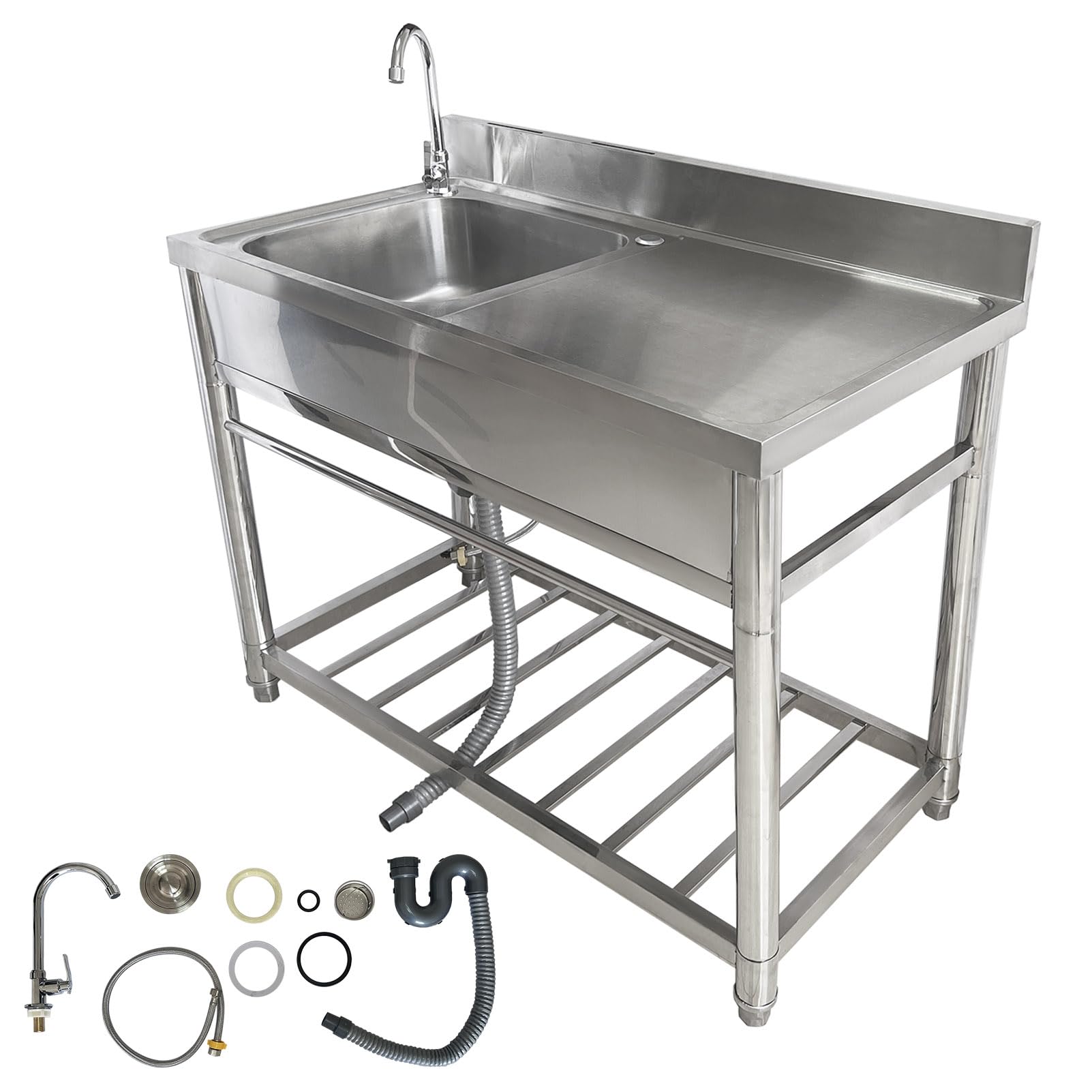 LMYSXAOZ Stainless Steel Utility Sink Commercial Restaurant Set with Faucet & Workbench Kitchen for Garage, Laundry Room, Outdoor Garden