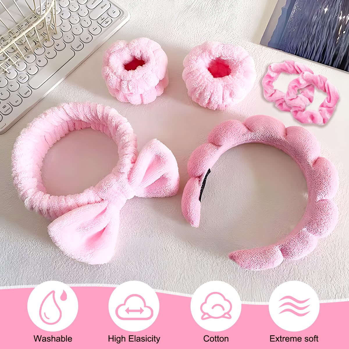 9 Pcs Spa Headband for Washing Face Wristband Spa Bow Headband Set, Multi Functional Makeup Headband - Image 3