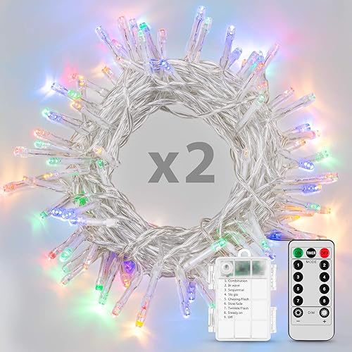 Koxly Guirnalda de luces, paquete de 2 tiras de luces a pilas con temporizador remoto, impermeable, 8 modos de 16.4 pies, 50 luces LED para