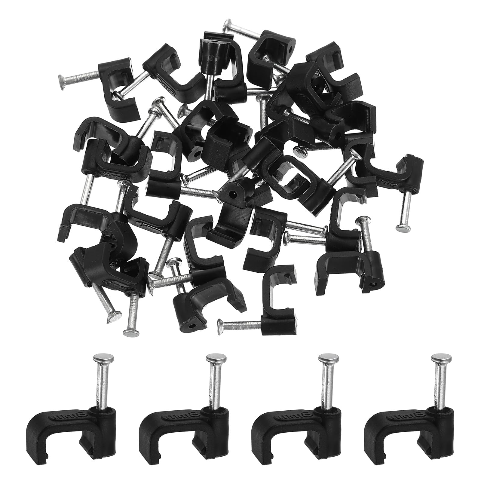 sourcing map 120pcs Cable Clips with Nail 8mm ID Squarer Single Half Clamp J-Hook with Nail Cord Clips for Wires on Wall for Ethernet Tacks Coax Pex Tubing Pipe Support, Black