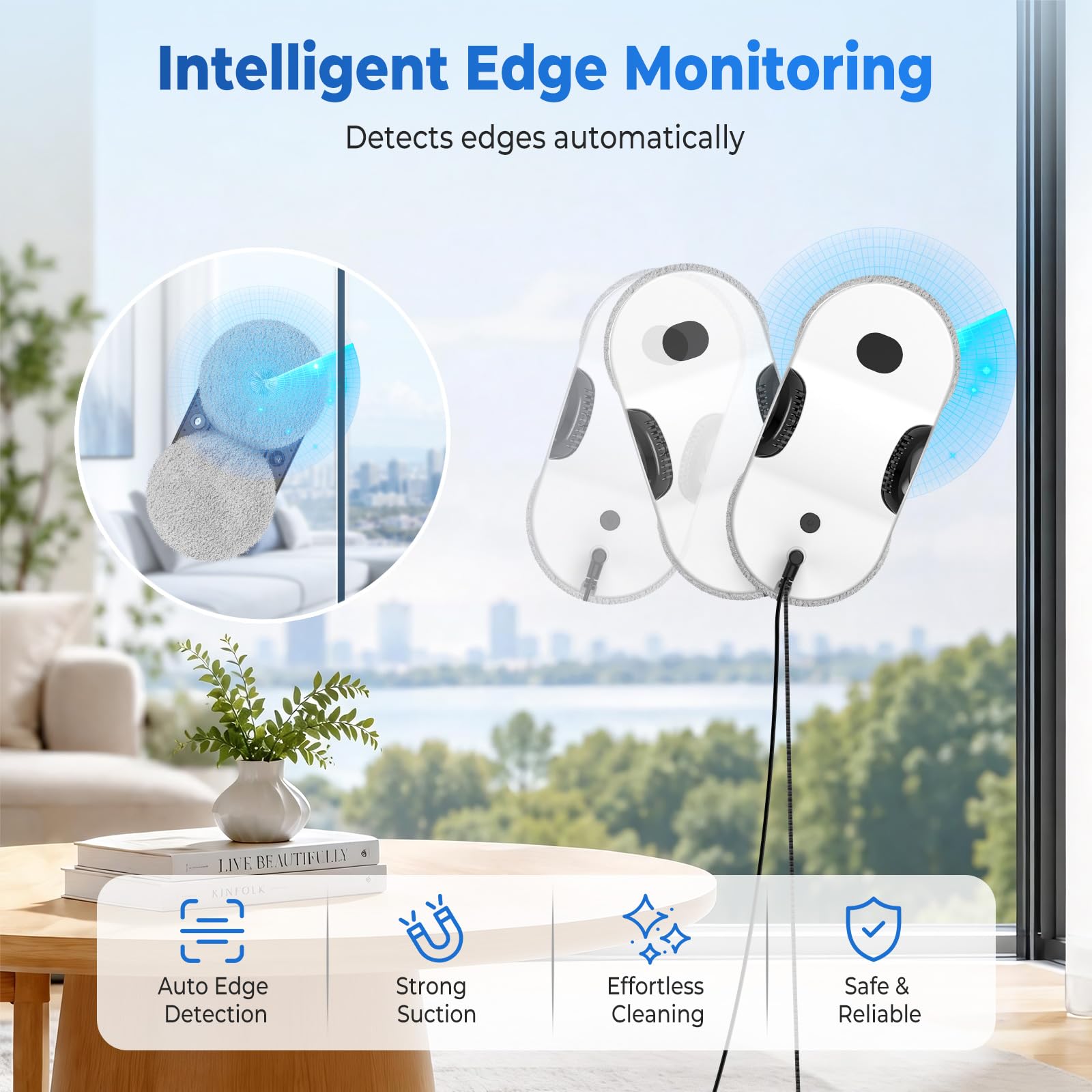 WIWOLER Robot Lavadora de Ventanas, 6000Pa Limpiador de Cristal Automático | Motor sin escobillas, doble pulverización, UPS 35Min seguridad, control remoto, 8 paños para ventanas de cristal