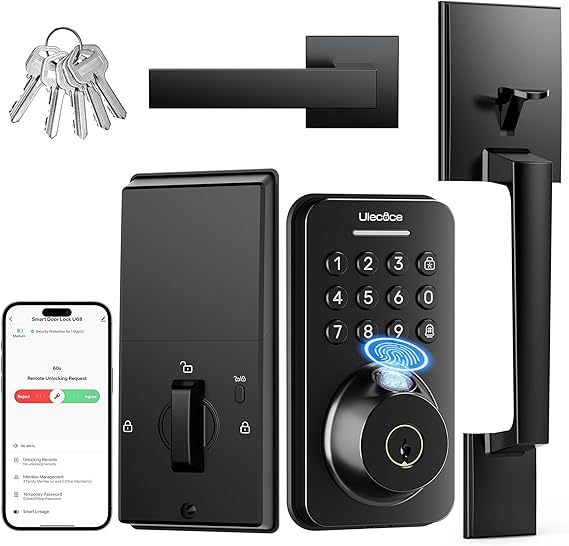 Ulecoce Fingerprint Keypad Deadbolt with Handle Set, Keyless Entry Door Lock, Door Locks for Front Door Lock Set, App Control, Auto Locking, Easy to Install, Matte Black