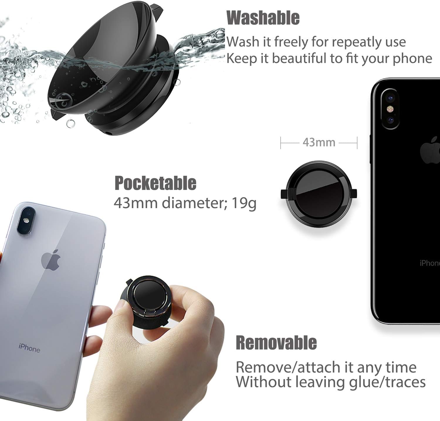 Liv2Fun Phone Ring Holder, Detachable Collapsible Phone Grip, Removable Suction Cup Ring Stand Compatible with Magnetic Car Mount, Black (1 Pack)