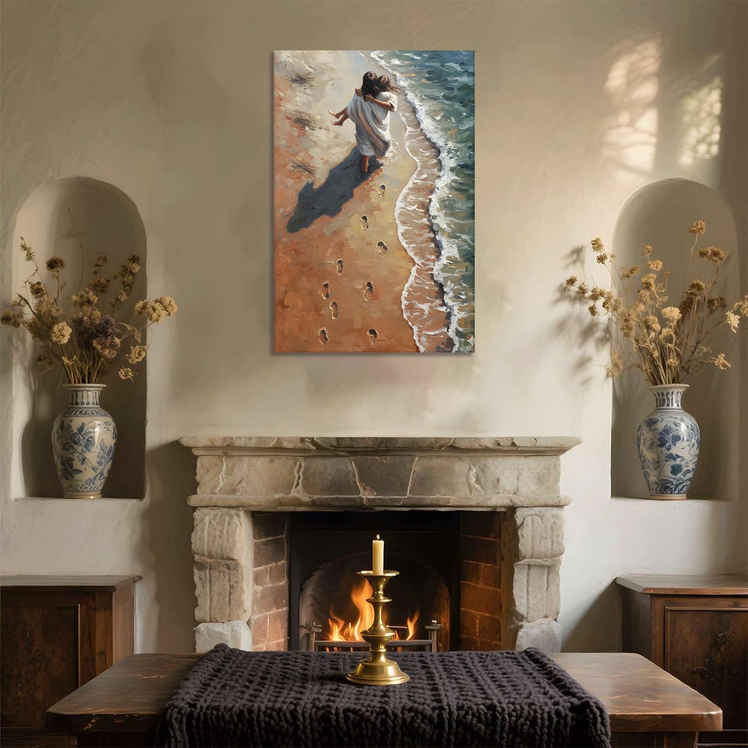 Jesus Holding Woman Canvas Wall Art Jesus Footprints in the Sand Wall Decor Pictures Christian Bible Poster Prints for Living Room Bedroom Home Decoration 16x24in Ready to Hang
