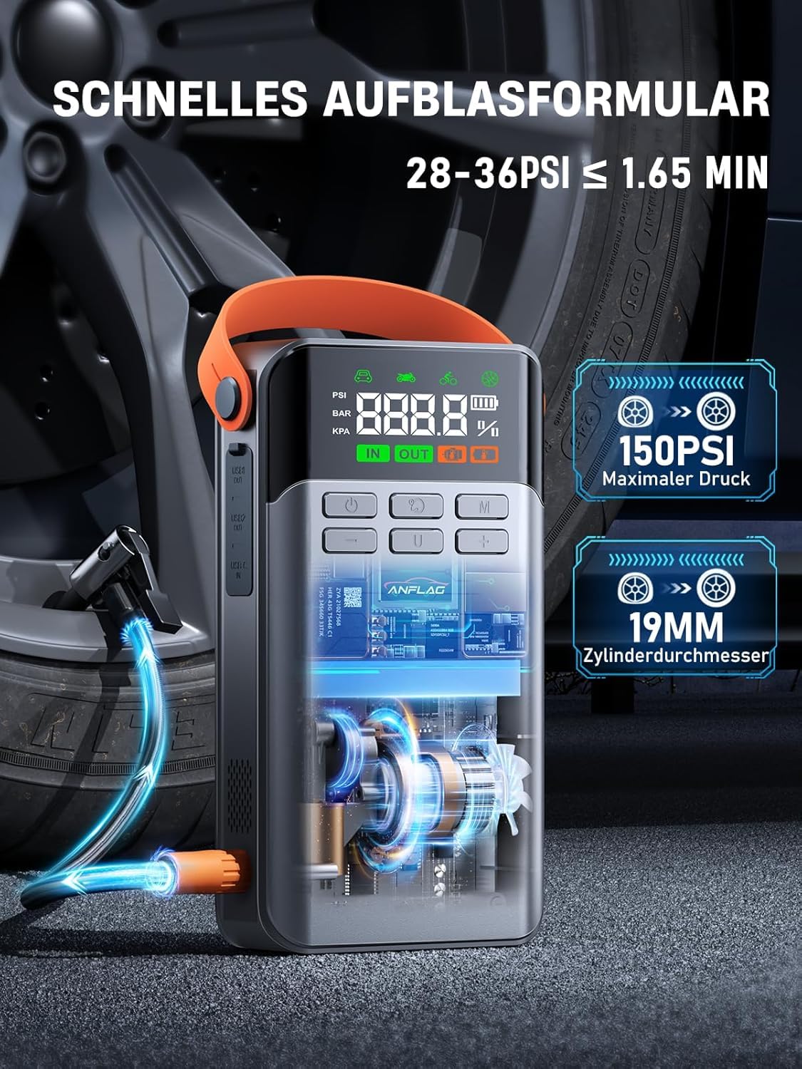 Starthilfe Powerbank für Pkw mit Kompressor 150PSI, ANFLAG 5500A Auto Starthilfe Powerbank für All Benzin und 12.0L Dieselmotor, Starter Powerbank mit Zwangsstart, Taschenlampe und LCD Bildschirm
