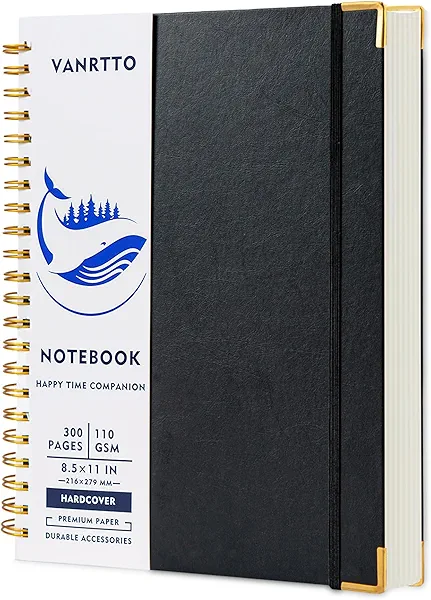 VANRTTO Spiral Notebook, Hardcover 8.5 x 11 IN College Ruled Notebooks, 300 Pages Notebooks for Work and School, 110 GSM Thick Papers Journals for Writing, Office Supplies for Women and Men Black