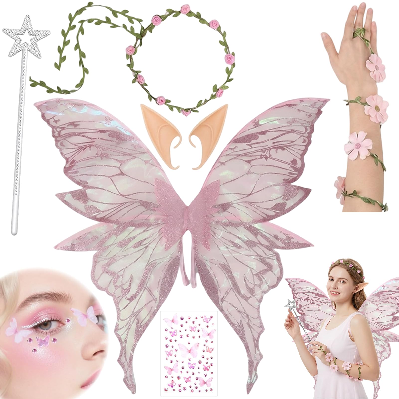 Fairy Wings, Halloween Costumes, 6 PCS Fairy Wings Adult Set with Wings Elf Ears Flower Crown Magic Wand Stickers and Fairy Flower Arm Wrap, for Attending Halloweens and Parties Use by Those Aged 15+