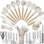 Kitchen Utensils Set- 35 PCs Cooking Utensils with Grater,Tongs, Spoon Spatula &Turner Made of Heat Resistant Food Grade Silicone and Wooden Handles Kitchen Gadgets Tools Set for Nonstick Cookware